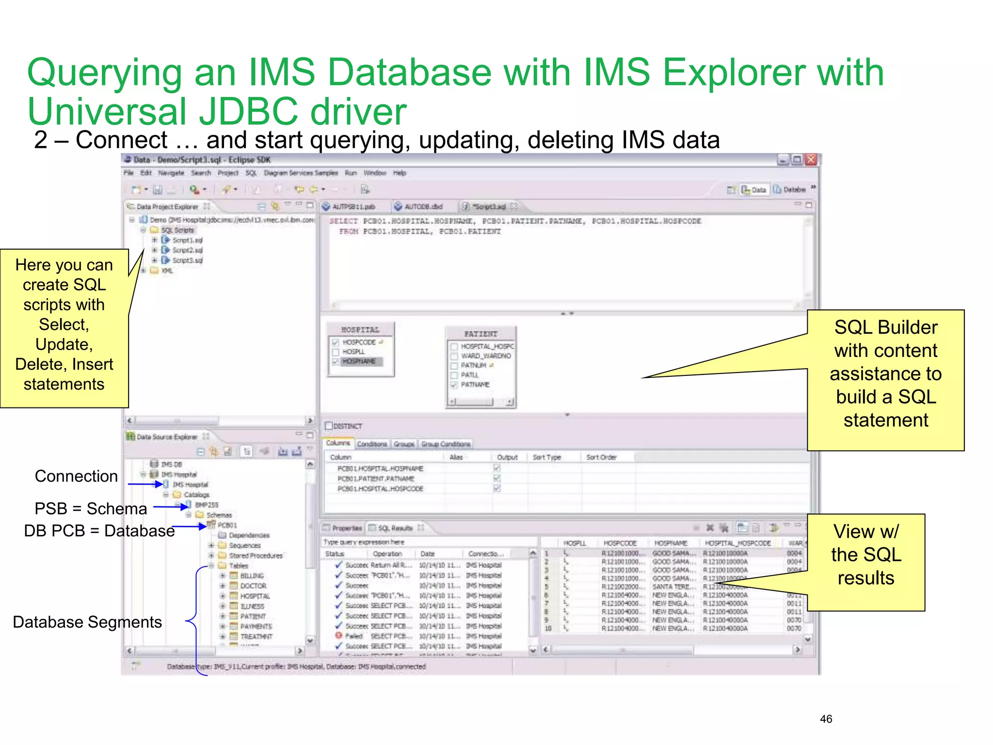 46
2 – Connect … and start querying, updating, deleting IMS data
View w/
the SQL
results
SQL Builder
with content
assistance to
build a SQL
statement
Connection
PSB = Schema
DB PCB = Database
Database Segments
Here you can
create SQL
scripts with
Select,
Update,
Delete, Insert
statements
Querying an IMS Database with IMS Explorer with
Universal JDBC driver
 