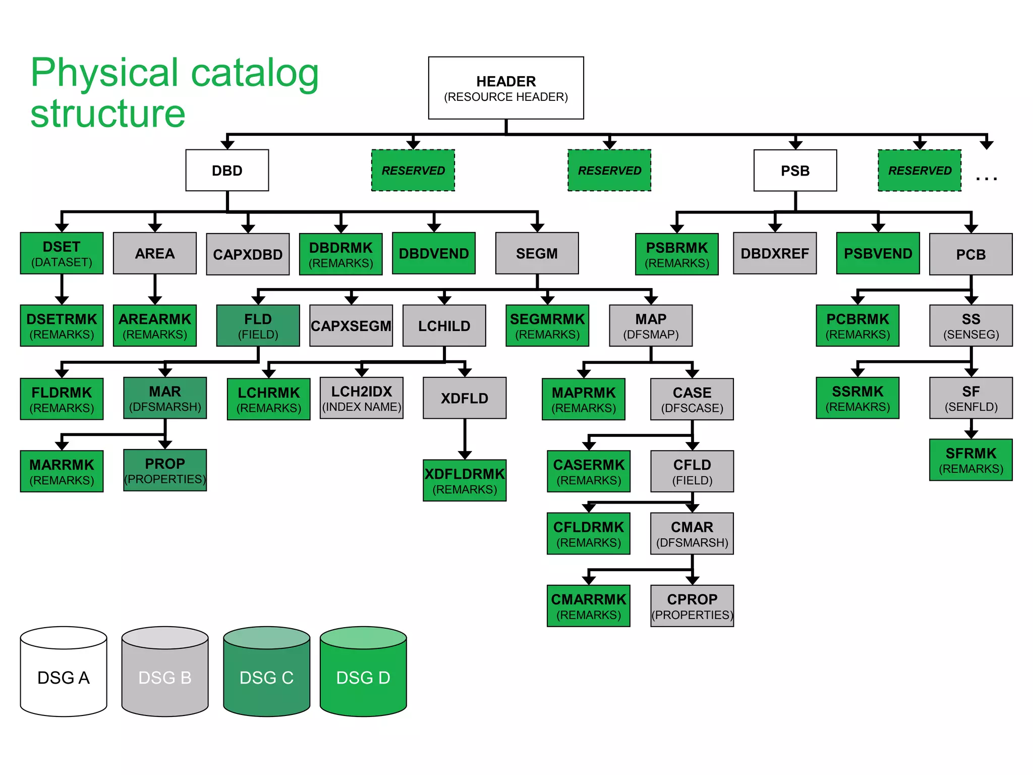 HEADER
(RESOURCE HEADER)
SS
(SENSEG)
PCB
PSB
SF
(SENFLD)
PSBVENDPSBRMK
(REMARKS)
PCBRMK
(REMARKS)
SFRMK
(REMARKS)
SSRMK
(REMAKRS)
XDFLD
LCHILD
AREA CAPXDBD SEGMDSET
(DATASET)
DBD
MAP
(DFSMAP)
DBDRMK
(REMARKS)
CAPXSEGM
CASE
(DFSCASE)
LCHRMK
(REMARKS)
SEGMRMK
(REMARKS)
CMAR
(DFSMARSH)
CPROP
(PROPERTIES)
CFLD
(FIELD)
DBDVEND
CFLDRMK
(REMARKS)
CMARRMK
(REMARKS)
DBDXREF
DSETRMK
(REMARKS)
AREARMK
(REMARKS)
FLD
(FIELD)
MAR
(DFSMARSH)
FLDRMK
(REMARKS)
PROP
(PROPERTIES)
MARRMK
(REMARKS)
MAPRMK
(REMARKS)
CASERMK
(REMARKS)
RESERVED RESERVED
LCH2IDX
(INDEX NAME)
XDFLDRMK
(REMARKS)
Physical catalog
structure
…RESERVED
DSG A DSG B DSG DDSG C
 