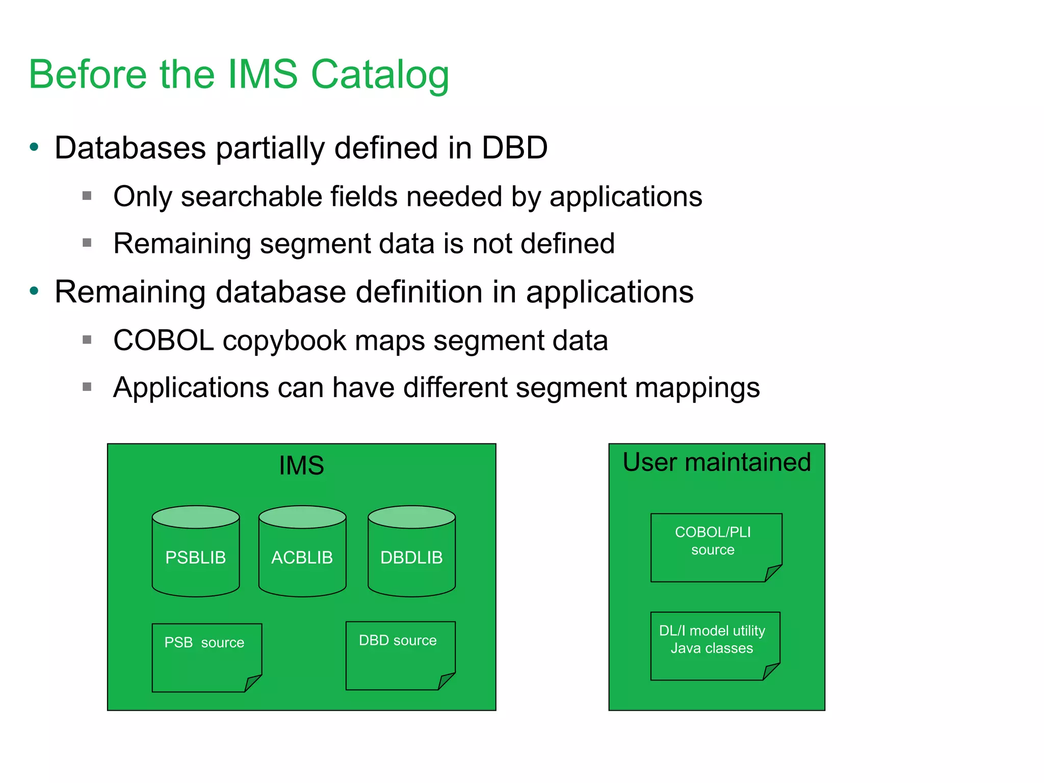 Before the IMS Catalog
• Databases partially defined in DBD
 Only searchable fields needed by applications
 Remaining segment data is not defined
• Remaining database definition in applications
 COBOL copybook maps segment data
 Applications can have different segment mappings
PSBLIB DBDLIBACBLIB
COBOL/PLI
source
DBD sourcePSB source
IMS User maintained
DL/I model utility
Java classes
 