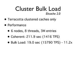 Cluster Bulk Load
                           Ehcache 2.0
• Terracotta clustered caches only
• Performance
  • 6 nodes, 8 threads, 3M entries
  • Coherent: 211.9 sec (1416 TPS)
  • Bulk Load: 19.0 sec (15790 TPS) - 11.2x
 