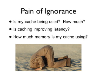 Pain of Ignorance
• Is my cache being used?   How much?
• Is caching improving latency?
• How much memory is my cache using?
 