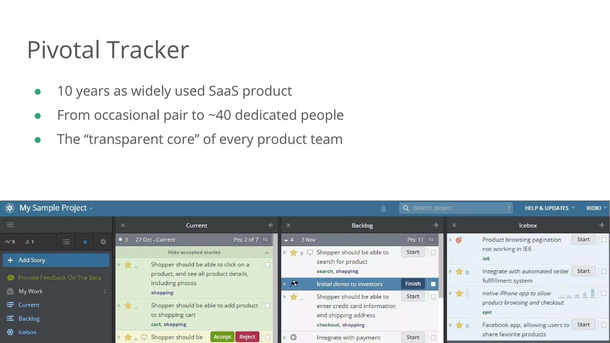 Dan Podsedly, SpringOne Platform, 2016Dan Podsedly, SpringOne Platform, 2016
Pivotal Tracker
● 10 years as widely used SaaS product
● From occasional pair to ~40 dedicated people
● The “transparent core” of every product team
 