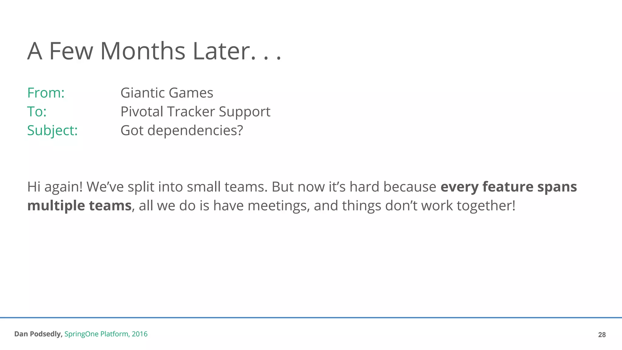 Dan Podsedly, SpringOne Platform, 2016Dan Podsedly, SpringOne Platform, 2016
A Few Months Later. . .
From: Giantic Games
To: Pivotal Tracker Support
Subject: Got dependencies?
Hi again! We’ve split into small teams. But now it’s hard because every feature spans
multiple teams, all we do is have meetings, and things don’t work together!
28
 