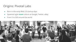 Dan Podsedly, SpringOne Platform, 2016Dan Podsedly, SpringOne Platform, 2016
Origins: Pivotal Labs
● Born in the early Web 2.0 startup days
● Spawned agile team culture at Google, Twitter, eBay
● From 5 to 500 around the world
 