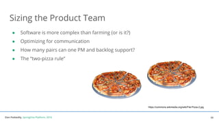 Dan Podsedly, SpringOne Platform, 2016Dan Podsedly, SpringOne Platform, 2016
● Software is more complex than farming (or is it?)
● Optimizing for communication
● How many pairs can one PM and backlog support?
● The “two-pizza rule”
Sizing the Product Team
20
https://commons.wikimedia.org/wiki/File:Pizza-2.jpg
 