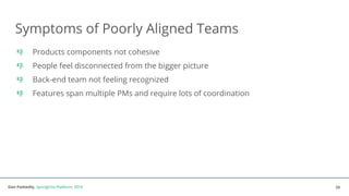 Dan Podsedly, SpringOne Platform, 2016Dan Podsedly, SpringOne Platform, 2016
Symptoms of Poorly Aligned Teams
Products components not cohesive
People feel disconnected from the bigger picture
Back-end team not feeling recognized
Features span multiple PMs and require lots of coordination
29
 