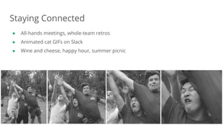 Dan Podsedly, SpringOne Platform, 2016Dan Podsedly, SpringOne Platform, 2016
Staying Connected
● All-hands meetings, whole-team retros
● Animated cat GIFs on Slack
● Wine and cheese, happy hour, summer picnic
44
 
