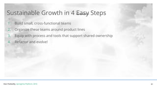 Dan Podsedly, SpringOne Platform, 2016Dan Podsedly, SpringOne Platform, 2016
Sustainable Growth in 4 Easy Steps
1. Build small, cross-functional teams
2. Organize these teams around product lines
3. Equip with process and tools that support shared ownership
4. Refactor and evolve!
61
 