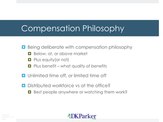 Copyright
DKParker, LLC
2020
Compensation Philosophy
¤ Being deliberate with compensation philosophy
¤ Below, at, or above market
¤ Plus equity(or not)
¤ Plus benefit – what quality of benefits
¤ Unlimited time off, or limited time off
¤ Distributed workforce vs at the office?
¤ Best people anywhere or watching them work?
 