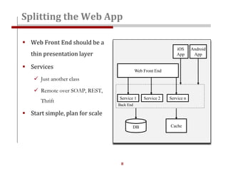 8
Splitting the Web App
 Web Front End should be a
thin presentation layer
 Services
 Just another class
 Remote over SOAP, REST,
Thrift
 Start simple, plan for scale
Web Front End
Service 1
DB
Service 2 Service n
Back End
Cache
iOS
App
Android
App
 