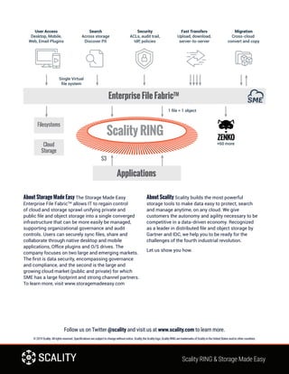 Follow us on Twitter @scality and visit us at www.scality.com to learn more.
©2019Scality.Allrightsreserved.Speciﬁcationsaresubjecttochangewithoutnotice.Scality,theScalitylogo,ScalityRINGaretrademarksofScalityintheUnitedStatesand/orothercountries.
About Storage Made Easy The Storage Made Easy
Enterprise File FabricTM
allows IT to regain control
of cloud and storage sprawl unifying private and
public file and object storage into a single converged
infrastructure that can be more easily be managed,
supporting organizational governance and audit
controls. Users can securely sync files, share and
collaborate through native desktop and mobile
applications, Office plugins and O/S drives. The
company focuses on two large and emerging markets.
The first is data security, encompassing governance
and compliance, and the second is the large and
growing cloud market (public and private) for which
SME has a large footprint and strong channel partners.
To learn more, visit www.storagemadeeasy.com
About Scality Scality builds the most powerful
storage tools to make data easy to protect, search
and manage anytime, on any cloud. We give
customers the autonomy and agility necessary to be
competitive in a data-driven economy. Recognized
as a leader in distributed file and object storage by
Gartner and IDC, we help you to be ready for the
challenges of the fourth industrial revolution.
Let us show you how.
Scality RING & Storage Made Easy
Scality RING
Enterprise File FabricTM
Applications
Filesystems
Cloud
Storage
S3
User Access
Desktop, Mobile,
Web, Email Plugins
Search
Across storage
Discover PII
Single Virtual
ﬁle system
1 ﬁle = 1 object
+60 more
Security
ACLs, audit trail,
IdP, policies
Fast Transfers
Upload, download,
server-to-server
Migration
Cross-cloud
convert and copy
 