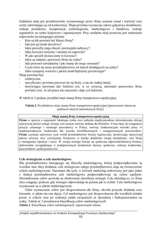 „Projekt współfinansowany ze środków Europejskiego Funduszu Społecznego”
10
Zadaniem misji jest przedstawienie wyznawanego przez firmę systemu zasad i wartości oraz
cechy odróżniające ją od konkurencji. Misja powinna wyznaczać zakres gałęziowy działalności,
rodzaje produktów, kompetencje technologiczne, marketingowe i handlowe, rodzaje
segmentów na rynku krajowym i zagranicznym. Przy ustalaniu misji pomocne jest znalezienie
odpowiedzi na następujące pytania:
− Kim są lub powinni być klienci firmy?
− Jaki jest jej rynek docelowy?
− Jakie potrzeby mają obecni i potencjalni nabywcy?
− Jakie korzyści możemy i musimy im zapewnić?
− W jaki sposób dostarczamy te korzyści?
− Jakie są zadania i priorytety firmy na rynku?
− Jaki personel zatrudniamy i jaki mamy do niego stosunek?
− Czym różni się nasze przedsiębiorstwo od innych działających na rynku?
− Jakie uznajemy wartości i jakich zasad będziemy przestrzegać?
Misja powinna być:
− realistyczna,
− specyficzna ( powinna pasować do tej firmy, a nie do żadnej innej),
− motywująca (powinna dać ludziom coś, w co uwierzą, natomiast pracownicy firmy
powinni czuć, że ich praca ma znaczenie i daje coś ludziom).
W tabeli nr 2 podano przykład misji znanej firmy transportowo-spedycyjnej.
Tabela 2. Przykładowa misja znanej firmy transportowo-spedycyjnej [opracowanie własne na
podstawie danych internetowych firmy]
Misja znanej firmy transportowo-spedycyjnej
Firma w oparciu o znajomość lokalnego rynku oraz unikalne międzynarodowe doświadczenie oferuje
najwyższej jakości usługi, kreując tym samym wartość dodaną dla Klientów. Firma dąży do osiągnięcia
pozycji cenionego i uznanego pracodawcy w Polsce, tworząc konkurencyjne warunki pracy w
międzynarodowym środowisku dla wysoko kwalifikowanych i zaangażowanych pracowników.
Firma uzyskuje najwyższy zysk wśród przedsiębiorstw branży logistycznej, dostarczając najwyższej
jakości procesy oraz rozwiązania biznesowe w każdej dziedzinie swojej działalności. Jest firmą
o nienagannej reputacji i etyce. W swojej strategii kieruje się społeczną odpowiedzialnością biznesu,
dobrowolnie uwzględniając w podejmowanych działaniach interesy społeczne, ochrony środowiska,
pracowników i podwykonawców.
Cele strategiczne a cele marketingowe
Dla przedsiębiorstwa kierującego się filozofią marketingową, której podporządkowane są
wszelkie inne sfery działania, cele strategiczne całego przedsiębiorstwa stają się równocześnie
celami marketingowymi. Natomiast dla tych, w których marketing traktowany jest jako jedna
z funkcji przedsiębiorstwa cele marketingowe podporządkowuje się celom ogólnym.
Sformułowanie celów pozwala na zbudowanie określonej strategii. Cele określają to, co firma
chce osiągnąć, podczas gdy strategie odpowiadają na pytanie jak to zrobić. Cele marketingowe
wyznaczane są w planie marketingowym.
Takie wyznaczenie celów jest drogowskazem dla firmy, określa przyszłe działania oraz
kierunek, w jakim ma ona dążyć. Cel marketingowy jest drogowskazem dla wszelkich działań
przed, w trakcie oraz po realizacji zadań związanych ze sprzedażą i funkcjonowaniem na
rynku. Tabela nr 3 przedstawia klasyfikację celów marketingowych.
Tabela 3. Klasyfikacja celów marketingowych [opracowanie własne
 