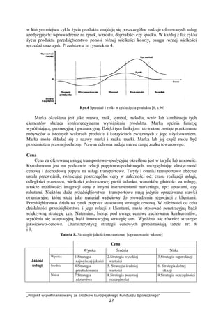 „Projekt współfinansowany ze środków Europejskiego Funduszu Społecznego”
27
w którym miejscu cyklu życia produktu znajdują się poszczególne rodzaje oferowanych usług
spedycyjnych: wprowadzenie na rynek, wzrostu, dojrzałości czy spadku. W każdej z faz cyklu
życia produktu przedsiębiorstwo ponosi różnej wielkości koszty, osiąga różnej wielkości
sprzedaż oraz zysk. Przedstawia to rysunek nr 4.
Rys.4 Sprzedaż i zyski w cyklu życia produktu [6, s.96]
Marka określana jest jako nazwa, znak, symbol, melodia, wzór lub kombinacja tych
elementów służąca konkurencyjnemu wyróżnieniu produktu. Marka spełnia funkcję
wyróżniającą, promocyjną i gwarancyjną. Dzięki tym funkcjom utrwalone zostaje przekonanie
nabywców o istotnych walorach produktu i korzyściach związanych z jego użytkowaniem.
Marka może składać się z nazwy marki i znaku marki. Marka lub jej część może być
przedmiotem prawnej ochrony. Prawna ochrona nadaje marce rangę znaku towarowego.
Cena
Cena za oferowaną usługę transportowo-spedycyjną określona jest w taryfie lub umownie.
Kształtowana jest na podstawie relacji popytowo-podażowych, uwzględniając elastyczność
cenową i dochodową popytu na usługi transportowe. Taryfy i cenniki transportowe obecnie
ustala przewoźnik, różnicując poszczególne ceny w zależności od: czasu realizacji usługi,
odległości przewozu, wielkości jednorazowej partii ładunku, warunków płatności za usługę,
a także możliwości integracji ceny z innymi instrumentami marketingu, np.: upustami, czy
rabatami. Niektóre duże przedsiębiorstwa transportowe mają jedynie opracowane stawki
orientacyjne, które służą jako materiał wyjściowy do prowadzenia negocjacji z klientami.
Przedsiębiorstwo działa na rynek poprzez stosowaną strategię cenową. W zależności od celu
działalności przedsiębiorstwa i jego relacji z klientami, może stosować penetracyjną bądź
selektywną strategię cen. Natomiast, biorąc pod uwagę cenowe zachowanie konkurentów,
wyróżnia się adaptacyjną bądź innowacyjną strategię cen. Wyróżnia się również strategie
jakościowo-cenowe. Charakterystykę strategii cenowych przedstawiają tabele nr: 8
i 9.
Tabela 8. Strategie jakościowo-cenowe [opracowanie własne]
Cena
Wysoka Średnia Niska
Wysoka 1.Strategia
najwyższej jakości
2.Strategia wysokiej
wartości
3.Strategia superokazji
Średnia 4.Strategia
przeładowania
5. Strategia średniej
wartości
6. Strategia dobrej
okazji
Jakość
usługi
Niska 7.Strategia
zdzierstwa
8.Strategia pozornej
oszczędności
9.Strategia oszczędności
 