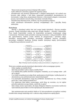 „Projekt współfinansowany ze środków Europejskiego Funduszu Społecznego”
29
Opracowanie programu promocji obejmuje kilka etapów:
− wybór odbiorców (określony segment lub segmenty rynku),
− sformułowanie celu promocji (informowanie o usługach spedycyjnych i ich cechach oraz
korzyści, jakie odniesie z nich klient, namawianie potencjalnych zleceniodawców do
skorzystania z usług firmy, przypominanie klientom o oferowanych usługach, wzmocnienie
pozycji, wprowadzanie nowych usług, umocnienie wizerunku firmy),
− sformułowanie informacji (treść, struktura, styl, kto powinien ją napisać),
− wybór określonych instrumentów promocji uwzględniający cele i specyfikę branży
spedycyjnej.
Dystrybucja
Mówiąc o dystrybucji należy brać pod uwagę kanały dystrybucji i fizyczny przepływ
towarów. Kanały dystrybucji usług mogą mieć dwojaki charakter – pośredni i bezpośredni.
Przez kanały bezpośrednie rozumie się bezpośrednie powiązania świadczącego usługę
i konsumenta. Natomiast kanały pośrednie oznaczają korzystanie z usług pośredników takich
jak: agenci/brokerzy, dealerzy (osoby szkolone do przygotowania i sprzedaży usług),
pośrednicy instytucjonalni, pośrednicy prowadzący działalność hurtową, pośrednicy
prowadzący działalność detaliczną. Rodzaje kanałów dystrybucji między przewoźnikiem
a usługobiorcą przedstawia rysunek nr 5.
Rys. 5. Rodzaje kanałów dystrybucji między przewoźnikiem a usługobiorcą [7, s.147]
Warto przy ustalaniu sposobu dystrybucji odpowiedzieć sobie na następujące pytania:
− Gdzie znajduje się siedziba firmy?
− Jakie były przesłanki wyboru miejsca siedziby firmy?
− Czy siedziba firmy spełnia określone wymagania i standardy, czy też wymaga zmian – jeśli
tak to jakich?
− Czy środki komunikacji pozwalają firmie spedycyjnej na bezkolizyjną i szybką łączność ze
zleceniodawcą oraz podwykonawcami i innymi instytucjami?
− Czy potencjalni zleceniodawcy mogą bez problemów skontaktować się z firmą o każdej
porze (fax, e-mail, telefony komórkowe)?
− Czy zajmowany lokal będzie wystarczający, jeżeli firma się rozrośnie, czy też zajdzie
potrzeba znalezienie nowego lokalu, a jeżeli tak, to gdzie?
− Jakie zmiany można wprowadzić, aby lepiej obsługiwać klientów (rozważenie możliwości
wprowadzenia pracowników do firm największych zleceniodawców)?
Jako podsumowanie może posłużyć tabela nr 10, która przedstawia szczegółowe warianty
kształtowania strategii marketingu mix w zakresie usług transportowo-spedycyjnych.
 