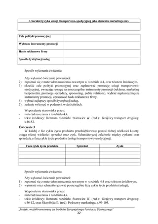 „Projekt współfinansowany ze środków Europejskiego Funduszu Społecznego”
32
Charakterystyka usługi transportowo-spedycyjnej jako elementu marketingu mix
Cele polityki promocyjnej
Wybrane instrumenty promocji
Hasło reklamowe firmy
Sposób dystrybucji usług
Sposób wykonania ćwiczenia
Aby wykonać ćwiczenie powinieneś:
2) zapoznać się z materiałem nauczania zawartym w rozdziale 4.4, oraz tekstem źródłowym,
3) określić cele polityki promocyjnej oraz zaplanować promocję usługi transportowo-
spedycyjnej, zwracając uwagę na poszczególne instrumenty promocji (reklama, marketing
bezpośredni, promocja sprzedaży, sponsoring, public relations), wybrać najskuteczniejsze
instrumenty promocji, opracować hasło reklamowe firmy,
4) wybrać najlepszy sposób dystrybucji usług,
5) zadanie wykonać w podanych wyżej tabelach.
Wyposażenie stanowiska pracy:
− materiał nauczania z rozdziału 4.4,
− tekst źródłowy: literatura rozdziału: Starowicz W. (red.): Krajowy transport drogowy,
s.46-52.
Ćwiczenie 3
W każdej z faz cyklu życia produktu przedsiębiorstwo ponosi różnej wielkości koszty,
osiąga różnej wielkości sprzedaż oraz zysk. Scharakteryzuj zależność między zyskami oraz
sprzedażą a fazą cyklu życia produktu (usługi transportowo-spedycyjnej).
Faza cyklu życia produktu Sprzedaż Zyski
Sposób wykonania ćwiczenia
Aby wykonać ćwiczenie powinieneś:
1) zapoznać się z materiałem nauczania zawartym w rozdziale 4.4 oraz tekstem źródłowym,
2) wymienić oraz scharakteryzować poszczególne fazy cyklu życia produktu (usługi),
Wyposażenie stanowiska pracy:
− materiał nauczania z rozdziału 4.4,
− tekst źródłowy: literatura rozdziału: Starowicz W. (red.): Krajowy transport drogowy,
s.46-52, oraz Skawińska E. (red): Podstawy marketingu, s.99-105.
 