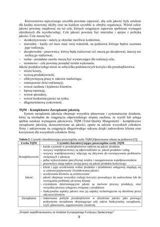 „Projekt współfinansowany ze środków Europejskiego Funduszu Społecznego”
9
Kierownictwo najwyższego szczebla powinno zapewnić, aby cele jakości były ustalone
dla każdej stosownej służby oraz na każdym szczeblu w obrębie organizacji. Wśród celów
jakości powinny znajdować się też cele, których osiągnięcie zapewnia spełnienie wymagań
określonych dla wyrobu/usługi. Cele jakości powinny być mierzalne i spójne z polityką
jakości. Cele muszą być:
− skonkretyzowane - należy je określać możliwie konkretnie,
− mierzalne - każdy cel musi mieć swój wskaźnik, na podstawie którego będzie oceniana
jego realizacja,
− akceptowalne - pracownicy, którzy będą realizować cel, muszą go akceptować, inaczej nie
zechcą go realizować,
− realne - posiadane zasoby muszą być wystarczające dla realizacji celu,
− terminowe - cele powinny posiadać termin wykonania.
Jakość produktu/usługi niesie ze sobą kilka podstawowych korzyści dla przedsiębiorstwa:
− niższe koszty,
− wyższą produktywność,
− efektywniejszą pracę w zakresie marketingu,
− zmniejszenie ilości reklamacji,
− wzrost zaufania i lojalności klientów,
− lepszą reputację,
− wzrost sprzedaży,
− wzrost konkurencyjności na rynku,
− długoterminową zyskowność.
TQM – Kompleksowe Zarządzanie jakością
System zarządzania jakością obejmuje wszystkie planowane i systematyczne działania,
które są niezbędne do osiągnięcia odpowiedniego stopnia zaufania, że wyrób lub usługa
spełnia ustalone wymagania jakościowe. TQM (Total Quality Mangement) – kompleksowe
zarządzanie jakością, skoncentrowane na jakości, oparte na udziale wszystkich członków
firmy i nakierowane na osiągnięcie długotrwałego sukcesu dzięki zadowoleniu klienta oraz
korzyściom dla wszystkich członków firmy.
Tabela 2. Czynniki charakteryzujące poszczególne cechy TQM [Opracowanie własne na podstawie [5]]
Cecha TQM Czynniki charakteryzujące poszczególne cechy TQM
Kompleksowość
- każda czynność w przedsiębiorstwie wpływa na jakość działania
- wszyscy współpracownicy są odpowiedzialni za jakość produktu i usług
- wszyscy współpracownicy włączają się aktywnie do rozwiązywania problemów
związanych z jakością
- pełne wykorzystanie specyficznej wiedzy i zaangażowania współpracowników
- pracownicy znają wpływ swojej pracy na jakość produktu końcowego
Jakość
- klient i jego oczekiwania wobec produktu i działalności usługowej znajdują się
w centrum pojmowania i kształtowania jakości
- oczekiwania klientów są zróżnicowane
- jakość obejmuje wszystkie rodzaje korzyści prowadzące do zadowolenia lub do
rozwiązania problemu od strony klienta
- czynnikami determinującymi jakość są zarówno procesy produkcji, oraz
wszystkie procesy usługowe związane z produktem
- funkcjonalne aspekty jakości oraz jej aspekty technologiczne są określone przez
odczucia klientów
Zarządzanie - traktowanie polityki przedsiębiorstw w dziedzinie jakości jako pewnego
podsystemu zarządzania obejmującego cały zakres funkcjonalny zarządzania,
czyli: planowanie, organizowanie i kontrolę
 