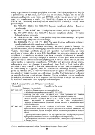 „Projekt współfinansowany ze środków Europejskiego Funduszu Społecznego”
11
normy są poddawane okresowym przeglądom, w wyniku których jest podejmowana decyzja
o pozostawieniu ich bez zmian, znowelizowaniu lub wycofaniu. Przegląd taki ma na celu
zapewnienie aktualności norm. Normy serii ISO 9000 opublikowano po raz pierwszy w 1987
roku i były nowelizowane w latach: 1994, 2000 i 2005. Oznacza się je nazwami polskimi:
PN-EN ISO. Po ostatniej nowelizacji rodzina norm ISO 9000 składa się z czterech norm
podstawowych:
− ISO 9000:2005 (PN-EN ISO 9000:2006) Systemy zarządzania jakością – Podstawy
i terminologia,
− ISO 9001:2000 (PN-EN ISO 9001:2001) Systemy zarządzania jakością - Wymagania,
− ISO 9004:2000 (PN-EN ISO 9000:2001) Systemy zarządzania jakością - Wytyczne
doskonalenia funkcjonowania,
− ISO 14001 (PN-EN ISO 14001:2001) Systemy zarządzania środowiskowego - Wytyczne
dla skutecznego zarządzania środowiskowego,
− ISO 19011:2002 (PN-EN ISO 19011:2003) Wytyczne dotyczące auditowania systemów
zarządzania jakością i/lub zarządzania środowiskowego.
Wymienione normy mają charakter uniwersalny. Nie dotyczą produktu finalnego, ale
systemu zarządzania jakością oraz mogą być stosowane zarówno w produkcji, jak i usługach.
Wydanie stosownego certyfikatu jakości jest sposobem zagwarantowania, że firma
przestrzega wymagań jednej z norm ISO. Certyfikacja jest procesem mającym na celu
weryfikacje i potwierdzenie spełnienia przez firmę wymogów określonych w normach.
Rozpoczęcie procesu certyfikacji następuje w momencie złożenia przez firmę formularza
zgłoszeniowego do odpowiednich firm certyfikujących. Certyfikat jakości oznacza, że firma
działa zgodnie z zapisanymi procedurami. Przykładem jest procedura obsługi klienta,
dokumentacja poczty przychodzącej i wychodzącej i inne. Jeżeli w firmie istnieją takie
procedury to mamy pewność, że dzwoniąc z zapytaniem co się stało z naszym zamówieniem,
na które czekamy już 2 tygodnie, firma nie "zaskoczy nas" informacją, że niestety takiego
pisma nie otrzymała albo, że "prawdopodobnie musiało się gdzieś zawieruszyć". Certyfikat
jakości dotyczy całego systemu a nie pojedynczego produktu. Certyfikaty jakości wydawane
są przez akredytowane organizacje certyfikacyjne. Obecnie posiadanie systemu zarządzania
jakością jest już standardem w życiu gospodarczym i daje nie tyle przewagę konkurencyjną,
co pozwala na dotrzymanie kroku najlepszym firmom na rynku.
Tabela 3. Charakterystyka norm ISO [opracowanie własne]
Norma ISO Charakterystyka normy
ISO 9000:2005
Podstawy i terminologia:
- opisuje podstawy systemu zarządzania jakością,
- definiuje terminy związane z normą ISO 9001:2000.
ISO 9001:2000
Stosowana jest dla celów certyfikacji oraz celów kontraktowych. Zawiera
wymagania dla systemu jakości oraz wskazówki dla doskonalenia systemu:
- system powinien obejmować wszystkie fazy „życia” wyrobu, od projektowania,
poprzez wytwarzanie i dystrybucję, aż do usług posprzedażnych,
- wymaga się monitorowania zadowolenia klienta, traktując to jako element oceny
skuteczności systemu,
- system powinien określać: strukturę organizacyjną, ogólną i szczegółową
odpowiedzialność za jakość na wszystkich poziomach zarządzania, uprawnienia do
wykonywania zadań, sposób przepływu poleceń, działania wykonywane w zakresie
jakości,
- system powinien funkcjonować tak, aby: był efektywny, wyroby/usługi spełniały
wymagania i oczekiwania klientów, nacisk był położony na prewencję,
- system powinien umożliwiać stałą i odpowiednią kontrolę nad całą działalnością
w zakresie jakości,
 