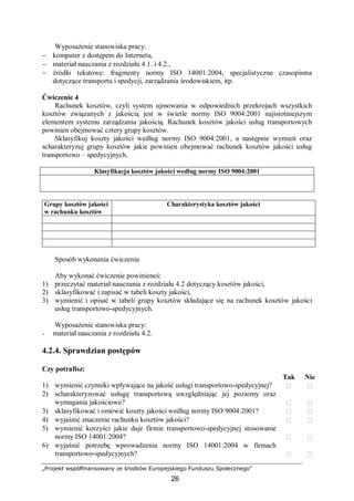 „Projekt współfinansowany ze środków Europejskiego Funduszu Społecznego”
26
Wyposażenie stanowiska pracy:
− komputer z dostępem do Internetu,
− materiał nauczania z rozdziału 4.1. i 4.2.,
− źródło tekstowe: fragmenty normy ISO 14001:2004, specjalistyczne czasopisma
dotyczące transportu i spedycji, zarządzania środowiskiem, itp.
Ćwiczenie 4
Rachunek kosztów, czyli system ujmowania w odpowiednich przekrojach wszystkich
kosztów związanych z jakością jest w świetle normy ISO 9004:2001 najistotniejszym
elementem systemu zarządzania jakością. Rachunek kosztów jakości usług transportowych
powinien obejmować cztery grupy kosztów.
Sklasyfikuj koszty jakości według normy ISO 9004:2001, a następnie wymień oraz
scharakteryzuj grupy kosztów jakie powinien obejmować rachunek kosztów jakości usług
transportowo – spedycyjnych.
Klasyfikacja kosztów jakości według normy ISO 9004:2001
Grupy kosztów jakości
w rachunku kosztów
Charakterystyka kosztów jakości
Sposób wykonania ćwiczenia
Aby wykonać ćwiczenie powinieneś:
1) przeczytać materiał nauczania z rozdziału 4.2 dotyczący kosztów jakości,
2) sklasyfikować i zapisać w tabeli koszty jakości,
3) wymienić i opisać w tabeli grupy kosztów składające się na rachunek kosztów jakości
usług transportowo-spedycyjnych.
Wyposażenie stanowiska pracy:
− materiał nauczania z rozdziału 4.2.
4.2.4. Sprawdzian postępów
Czy potrafisz:
Tak Nie
1) wymienić czynniki wpływające na jakość usługi transportowo-spedycyjnej?  
2) scharakteryzować usługę transportową uwzględniając jej poziomy oraz
wymagania jakościowe?  
3) sklasyfikować i omówić koszty jakości według normy ISO 9004:2001?  
4) wyjaśnić znaczenie rachunku kosztów jakości?  
5) wymienić korzyści jakie daje firmie transportowo-spedycyjnej stosowanie
normy ISO 14001:2004?  
6) wyjaśnić potrzebę wprowadzenia normy ISO 14001:2004 w firmach
transportowo-spedycyjnych?  
 