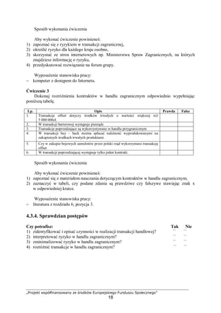 „Projekt współfinansowany ze środków Europejskiego Funduszu Społecznego”
18
Sposób wykonania ćwiczenia
Aby wykonać ćwiczenie powinieneś:
1) zapoznać się z ryzykiem w transakcji zagranicznej,
2) określić ryzyko dla każdego kraju osobno,
3) skorzystać ze stron internetowych np. Ministerstwa Spraw Zagranicznych, na których
znajdziesz informację o ryzyku,
4) przedyskutować rozwiązanie na forum grupy.
Wyposażenie stanowiska pracy:
− komputer z dostępem do Internetu.
Ćwiczenie 3
Dokonaj rozróżnienia kontraktów w handlu zagranicznym odpowiednio wypełniając
poniższą tabelę.
Lp. Opis Prawda Fałsz
1. Transakcja offset dotyczy środków trwałych o wartości większej niż
5 000 000zł.
2. W transakcji barterowej występuje pieniądz
3. Transakcje poprzedzające są wykorzystywane w handlu przygranicznym
4. W transakcji buy – back można spłacać należność wyprodukowanymi na
zakupionych środkach trwałych produktami.
5. Czy w zakupie bojowych samolotów przez polski rząd wykorzystano transakcję
offset
6. W transakcji poprzedzającej występuje tylko jeden kontrakt.
Sposób wykonania ćwiczenia
Aby wykonać ćwiczenie powinieneś:
1) zapoznać się z materiałem nauczania dotyczącym kontraktów w handlu zagranicznym,
2) zaznaczyć w tabeli, czy podane zdania są prawdziwe czy fałszywe stawiając znak x
w odpowiedniej kratce.
Wyposażenie stanowiska pracy:
− literatura z rozdziału 6, pozycja 3.
4.3.4. Sprawdzian postępów
Czy potrafisz: Tak Nie
1) zidentyfikować i opisać czynności w realizacji transakcji handlowej? ¨ ¨
2) interpretować ryzyko w handlu zagranicznym? ¨ ¨
3) zminimalizować ryzyko w handlu zagranicznym? ¨ ¨
4) rozróżnić transakcje w handlu zagranicznym? ¨ ¨
 