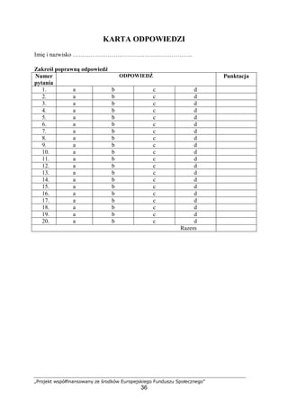 „Projekt współfinansowany ze środków Europejskiego Funduszu Społecznego”
36
KARTA ODPOWIEDZI
Imię i nazwisko ……………………………………………………..
Zakreśl poprawną odpowiedź
Numer
pytania
ODPOWIEDŹ Punktacja
1. a b c d
2. a b c d
3. a b c d
4. a b c d
5. a b c d
6. a b c d
7. a b c d
8. a b c d
9. a b c d
10. a b c d
11. a b c d
12. a b c d
13. a b c d
14. a b c d
15. a b c d
16. a b c d
17. a b c d
18. a b c d
19. a b c d
20. a b c d
Razem
 