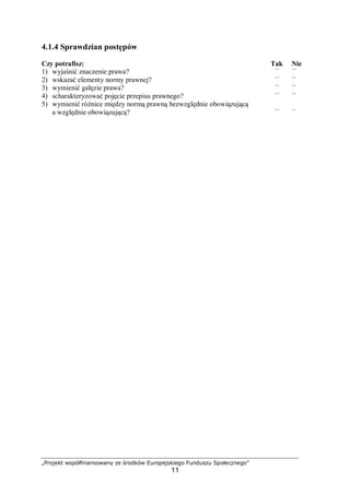 „Projekt współfinansowany ze środków Europejskiego Funduszu Społecznego”
11
4.1.4 Sprawdzian postępów
Czy potrafisz: Tak Nie
1) wyjaśnić znaczenie prawa? ¨ ¨
2) wskazać elementy normy prawnej? ¨ ¨
3) wymienić gałęzie prawa? ¨ ¨
4) scharakteryzować pojęcie przepisu prawnego? ¨ ¨
5) wymienić różnice między normą prawną bezwzględnie obowiązującą
a względnie obowiązującą? ¨ ¨
 