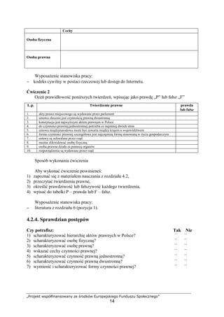 „Projekt współfinansowany ze środków Europejskiego Funduszu Społecznego”
14
Wyposażenie stanowiska pracy:
− kodeks cywilny w postaci rzeczowej lub dostęp do Internetu.
Ćwiczenie 2
Oceń prawidłowość poniższych twierdzeń, wpisując jako prawdę „P” lub fałsz „F”
Sposób wykonania ćwiczenia
Aby wykonać ćwiczenie powinieneś:
1) zapoznać się z materiałem nauczania z rozdziału 4.2,
2) przeczytać twierdzenia prawne,
3) określić prawdziwość lub fałszywość każdego twierdzenia,
4) wpisać do tabelki P – prawda lub F – fałsz.
Wyposażenie stanowiska pracy:
− literatura z rozdziału 6 (pozycja 1).
4.2.4. Sprawdzian postępów
Czy potrafisz: Tak Nie
1) scharakteryzować hierarchię aktów prawnych w Polsce? ¨ ¨
2) scharakteryzować osobę fizyczną? ¨ ¨
3) scharakteryzować osobę prawną? ¨ ¨
4) wskazać cechy czynności prawnej? ¨ ¨
5) scharakteryzować czynność prawną jednostronną? ¨ ¨
6) scharakteryzować czynność prawną dwustronną? ¨ ¨
7) wymienić i scharakteryzować formy czynności prawnej? ¨ ¨
Cechy
Osoba fizyczna
Osoba prawna
L.p. Twierdzenie prawne prawda
lub fałsz
1. akty prawa miejscowego są wydawane przez parlament
2. umowa zlecenie jest czynnością prawną dwustronną
3. konstytucja jest najwyższym aktem prawnym w Polsce
4. do czynności prawnej jednostronnej potrzeba co najmniej dwóch stron
5. umowa międzynarodowa może być zawarta między krajem a województwem
6. forma czynności prawnej szczegółowa jest najczęstszą formą stosowaną w życiu gospodarczym
7. ustawy są uchwalane przez rząd
8. można zlikwidować osobę fizyczną
9. osoba prawna działa za pomocą organów
10. rozporządzenia są wydawane przez rząd
 