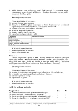 „Projekt współfinansowany ze środków Europejskiego Funduszu Społecznego”
21
6. Spółka akcyjna – opisz podstawowe zasady funkcjonowania tj.: wymagania prawne
i finansowe dotyczące rejestracji spółki, prawa i obowiązki akcjonariuszy, organy spółki,
rozwiązanie likwidacja spółki.
Sposób wykonania ćwiczenia
Aby wykonać ćwiczenie powinieneś:
1) zapoznać się materiałem nauczania,
2) skorzystać z kodeksu spółek handlowych w formie książkowej lub wykorzystać
odpowiednią stronę internetową z treścią kodeksu spółek handlowych,
3) zapoznać się z treścią kodeksu spółek handlowych,
4) przeczytać polecenia do ćwiczenia,
5) odnaleźć właściwe przepisy prawne,
6) w poniższej tabelce zapisać odpowiedzi.
Wyposażenie stanowiska pracy:
− komputer z dostępem do Internetu,
− kodeks spółek handlowych.
Ćwiczenie 2
Chcesz zarejestrować spółkę w KRS. Dokonaj interpretacji przepisów prawnych
zawartych w ustawie o Krajowym Rejestrze Sądowym (ustawa z dnia 20 września 1997).
Określ jakie dane należy podać we wniosku o rejestrację spółki w KRS? Podaj adres
znajdującego się najbliżej Twojej miejscowości Krajowego Rejestru Sądowego?
Sposób wykonania ćwiczenia
Aby wykonać ćwiczenie powinieneś:
1) zapoznać się z materiałem nauczania dotyczącym Krajowego Rejestru Sądowego,
2) wyszukać w internecie ustawę o Krajowym Rejestrze Sądowym,
3) zapoznać się z treścią ustawy,
4) odpowiedzieć na pytania.
Wyposażenie stanowiska pracy:
− komputer z dostępem do Internetu.
4.4.4. Sprawdzian postępów
Czy potrafisz: Tak Nie
1) wymienić i scharakteryzować spółki prawa handlowego? ¨ ¨
2) określić znaczenie Krajowego Rejestru Sądowego? ¨ ¨
3) zinterpretować przepisy prawne kodeksu spółek handlowych.? ¨ ¨
4) zinterpretować podstawowe przepisy prawne ustawy o KRS? ¨ ¨
Nazwa spółki Charakterystyka spółki
Spółka jawna
Spółka partnerska
Spółka komandytowa
Spółka komandytowo – akcyjna
Spółka z ograniczoną odpowiedzialnością
Spółka akcyjna
 