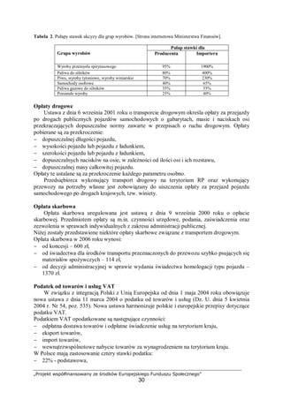 „Projekt współfinansowany ze środków Europejskiego Funduszu Społecznego”
30
Tabela 2. Pułapy stawek akcyzy dla grup wyrobów. [Strona internetowa Ministerstwa Finansów].
Pułap stawki dla
Grupa wyrobów Producenta Importera
Wyroby przemysłu spirytusowego 95% 1900%
Paliwa do silników 80% 400%
Piwo, wyroby tytoniowe, wyroby winiarskie 70% 230%
Samochody osobowe 40% 65%
Paliwa gazowe do silników 35% 55%
Pozostałe wyroby 25% 40%
Opłaty drogowe
Ustawa z dnia 6 września 2001 roku o transporcie drogowym określa opłaty za przejazdy
po drogach publicznych pojazdów samochodowych o gabarytach, masie i naciskach osi
przekraczających dopuszczalne normy zawarte w przepisach o ruchu drogowym. Opłaty
pobierane są za przekroczenie:
− dopuszczalnej długości pojazdu,
− wysokości pojazdu lub pojazdu z ładunkiem,
− szerokości pojazdu lub pojazdu z ładunkiem,
− dopuszczalnych nacisków na osie, w zależności od ilości osi i ich rozstawu,
− dopuszczalnej masy całkowitej pojazdu.
Opłaty te ustalane są za przekroczenie każdego parametru osobno.
Przedsiębiorca wykonujący transport drogowy na terytorium RP oraz wykonujący
przewozy na potrzeby własne jest zobowiązany do uiszczenia opłaty za przejazd pojazdu
samochodowego po drogach krajowych, tzw. winiety.
Opłata skarbowa
Opłata skarbowa uregulowana jest ustawą z dnia 9 września 2000 roku o opłacie
skarbowej. Przedmiotem opłaty są m.in. czynności urzędowe, podania, zaświadczenia oraz
zezwolenia w sprawach indywidualnych z zakresu administracji publicznej.
Niżej zostały przedstawione niektóre opłaty skarbowe związane z transportem drogowym.
Opłata skarbowa w 2006 roku wynosi:
− od koncesji – 600 zł,
− od świadectwa dla środków transportu przeznaczonych do przewozu szybko psujących się
materiałów spożywczych – 114 zł,
− od decyzji administracyjnej w sprawie wydania świadectwa homologacji typu pojazdu –
1370 zł.
Podatek od towarów i usług VAT
W związku z integracją Polski z Unią Europejska od dnia 1 maja 2004 roku obowiązuje
nowa ustawa z dnia 11 marca 2004 o podatku od towarów i usług (Dz. U. dnia 5 kwietnia
2004 r. Nr 54, poz. 535). Nowa ustawa harmonizuje polskie i europejskie przepisy dotyczące
podatku VAT.
Podatkiem VAT opodatkowane są następujące czynności:
− odpłatna dostawa towarów i odpłatne świadczenie usług na terytorium kraju,
− eksport towarów,
− import towarów,
− wewnątrzwspólnotowe nabycie towarów za wynagrodzeniem na terytorium kraju.
W Polsce mają zastosowanie cztery stawki podatku:
− 22% - podstawowa,
 