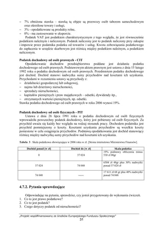 „Projekt współfinansowany ze środków Europejskiego Funduszu Społecznego”
31
− 7% obniżona stawka – stawką tą objęte są przewozy osób taborem samochodowym
oraz określone towary i usługi,
− 3% - opodatkowane są produkty rolne,
− 0% - ma zastosowanie w eksporcie.
Podatek VAT jest podatkiem charakterystycznym z tego względu, że jest równocześnie
podatkiem należnym i naliczonym. Podatek naliczony jest to podatek naliczony przy zakupie
i imporcie przez podatnika podatku od towarów i usług. Kwota zobowiązania podatkowego
do zapłacenia w urzędzie skarbowym jest różnicą między podatkiem należnym, a podatkiem
naliczonym.
Podatek dochodowy od osób prawnych - CIT
Opodatkowanie dochodów przedsiębiorstwa poddane jest działaniu podatku
dochodowego od osób prawnych. Podstawowym aktem prawnym jest ustawa z dnia 15 lutego
1992 roku o podatku dochodowym od osób prawnych. Przedmiotem podatku dochodowego
jest dochód. Dochód stanowi nadwyżka sumy przychodów nad kosztami ich uzyskania.
Przychodami w rozumieniu ustawy są przychody z:
− działalności gospodarczej lub usługowej,
− najmu lub dzierżawy nieruchomości,
− sprzedaży nieruchomości,
− kapitałów pieniężnych i praw majątkowych – odsetki, dywidendy itp.,
− otrzymanych wartości pieniężnych, np. odsetki.
Stawka podatku dochodowego od osób prawnych w roku 2006 wynosi 19%.
Podatek dochodowy od osób fizycznych - PIT
Ustawa z dnia 26 lipca 1991 roku o podatku dochodowym od osób fizycznych
wprowadziła powszechny podatek dochodowy, który jest pobierany od osób fizycznych. Za
przychód uważa się każdy bez względu na rodzaj stosunek pracy. Dochodem podatnika jest
przychód pomniejszony o koszty. Kosztami uzyskania przychodów są wszelkie koszty
poniesione w celu osiągnięcia przychodów. Podstawą opodatkowania jest dochód stanowiący
różnicę między nadwyżką sumy przychodów nad kosztami ich uzyskania.
Tabela 3 . Skala podatkowa obowiązująca w 2006 roku w zł. [Strona internetowa Ministerstwa Finansów].
Dochód ponad [w zł] Dochód do [w zł] Skala podatku
0 37 024
19% podstawy obliczenia minus
530 zł 08gr
37 024 74 048
6504 zł 48gr plus 30% nadwyżki
ponad 37 024 zł
74 048 ------
17 611 zł 68 gr plus 40% nadwyżki
ponad 74 048
4.7.2. Pytania sprawdzające
Odpowiadając na pytania, sprawdzisz, czy jesteś przygotowany do wykonania ćwiczeń.
1. Co to jest prawo podatkowe?
2. Co to jest podatek?
3. Czego dotyczy podatek od nieruchomości?
 