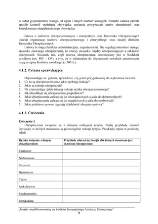 „Projekt współfinansowany ze środków Europejskiego Funduszu Społecznego”
9
w skład gospodarstwa rolnego od ognia i innych zdarzeń losowych. Ponadto ustawa określa
sposób kontroli spełniania obowiązku zawarcia powyższych umów ubezpieczeń oraz
konsekwencje niespełnienia tego obowiązku.
Ustawa o nadzorze ubezpieczeniowym i emerytalnym oraz Rzeczniku Ubezpieczonych
określa organizację nadzoru ubezpieczeniowego i emerytalnego oraz zasady działania
Rzecznika Ubezpieczonych.
Ustawy te mają charakter administracyjny, organizatorski. Nie regulują natomiast samego
stosunku prawnego ubezpieczenia, to znaczy stosunku między ubezpieczającym a zakładem
ubezpieczeń. Stosunek ten, czyli umowa ubezpieczenia, unormowany jest w Kodeksie
cywilnym (art. 805 – 834), z tym, że w odniesieniu do ubezpieczeń morskich zastosowanie
mają przepisy Kodeksu morskiego (z 2001r.).
4.1.2. Pytania sprawdzające
Odpowiadając na pytania, sprawdzisz, czy jesteś przygotowany do wykonania ćwiczeń.
1. Co to są ubezpieczenia oraz jakie spełniają funkcje?
2. Jakie są rodzaje ubezpieczeń?
3. Na czym polega i jakie istnieją rodzaje ryzyka ubezpieczeniowego?
4. Jak klasyfikuje się ubezpieczenia gospodarcze?
5. Jakie ubezpieczenia zalicza się do obowiązkowych a jakie do dobrowolnych?
6. Jakie ubezpieczenia zalicza się do majątkowych a jakie do osobowych?
7. Jakie podstawy prawne regulują działalność ubezpieczeniową?
4.1.3. Ćwiczenia
Ćwiczenie 1
Ubezpieczenia związane są z różnymi rodzajami ryzyka. Podaj przykłady zdarzeń
(sytuacji), w których stosowane są poszczególne rodzaje ryzyka. Przykłady zapisz w poniższej
tabeli.
Ryzyko związane z danym
ubezpieczeniem
Przykłady zdarzeń (sytuacji), dla których stosowane jest
określone ubezpieczenie
Finansowe
Niefinansowe
Statyczne
Dynamiczne
Czyste
Spekulatywne
Fundamentalne
Partykularne
 