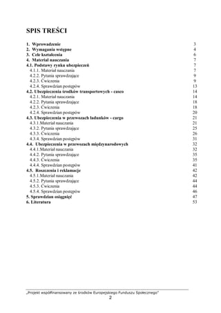 „Projekt współfinansowany ze środków Europejskiego Funduszu Społecznego”
2
SPIS TREŚCI
1. Wprowadzenie 3
2. Wymagania wstępne 4
3. Cele kształcenia 6
4. Materiał nauczania 7
4.1. Podstawy rynku ubezpieczeń 7
4.1.1. Materiał nauczania 7
4.2.2. Pytania sprawdzające 9
4.2.3. Ćwiczenia 9
4.2.4. Sprawdzian postępów 13
4.2. Ubezpieczenia środków transportowych - casco 14
4.2.1. Materiał nauczania 14
4.2.2. Pytania sprawdzające 18
4.2.3. Ćwiczenia 18
4.2.4. Sprawdzian postępów 20
4.3. Ubezpieczenia w przewozach ładunków - cargo 21
4.3.1.Materiał nauczania 21
4.3.2. Pytania sprawdzające 25
4.3.3. Ćwiczenia 26
4.3.4. Sprawdzian postępów 31
4.4. Ubezpieczenia w przewozach międzynarodowych 32
4.4.1.Materiał nauczania 32
4.4.2. Pytania sprawdzające 35
4.4.3. Ćwiczenia 35
4.4.4. Sprawdzian postępów 41
4.5. Roszczenia i reklamacje 42
4.5.1.Materiał nauczania 42
4.5.2. Pytania sprawdzające 44
4.5.3. Ćwiczenia 44
4.5.4. Sprawdzian postępów 46
5. Sprawdzian osiągnięć 47
6. Literatura 53
 
