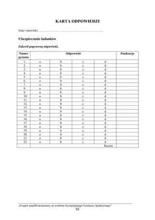 „Projekt współfinansowany ze środków Europejskiego Funduszu Społecznego”
52
KARTA ODPOWIEDZI
Imię i nazwisko ……………………………………………………..
Ubezpieczanie ładunków
Zakreśl poprawną odpowiedź.
Numer
pytania
Odpowiedź Punktacja
1. a b c d
2. a b c d
3. a b c d
4. a b c d
5. a b c d
6. a b c d
7. a b c d
8. a b c d
9. a b c d
10. a b c d
11. a b c d
12. a b c d
13. a b c d
14. a b c d
15. a b c d
16. a b c d
17. a b c d
18. a b c d
19. a b c d
20. a b c d
21. a b c d
22. a b c d
Razem
 