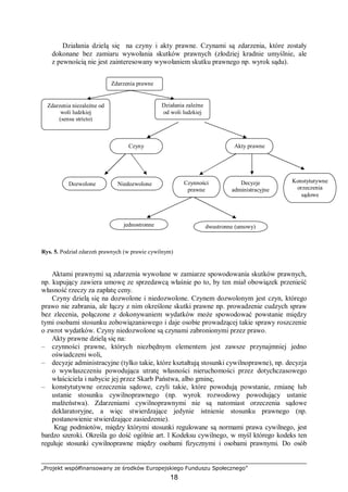 „Projekt współfinansowany ze środków Europejskiego Funduszu Społecznego”
18
Działania dzielą się na czyny i akty prawne. Czynami są zdarzenia, które zostały
dokonane bez zamiaru wywołania skutków prawnych (złodziej kradnie umyślnie, ale
z pewnością nie jest zainteresowany wywołaniem skutku prawnego np. wyrok sądu).
Rys. 5. Podział zdarzeń prawnych (w prawie cywilnym)
Aktami prawnymi są zdarzenia wywołane w zamiarze spowodowania skutków prawnych,
np. kupujący zawiera umowę ze sprzedawcą właśnie po to, by ten miał obowiązek przenieść
własność rzeczy za zapłatę ceny.
Czyny dzielą się na dozwolone i niedozwolone. Czynem dozwolonym jest czyn, którego
prawo nie zabrania, ale łączy z nim określone skutki prawne np. prowadzenie cudzych spraw
bez zlecenia, połączone z dokonywaniem wydatków może spowodować powstanie między
tymi osobami stosunku zobowiązaniowego i daje osobie prowadzącej takie sprawy roszczenie
o zwrot wydatków. Czyny niedozwolone są czynami zabronionymi przez prawo.
Akty prawne dzielą się na:
– czynności prawne, których niezbędnym elementem jest zawsze przynajmniej jedno
oświadczeni woli,
– decyzje administracyjne (tylko takie, które kształtują stosunki cywilnoprawne), np. decyzja
o wywłaszczeniu powodująca utratę własności nieruchomości przez dotychczasowego
właściciela i nabycie jej przez Skarb Państwa, albo gminę,
– konstytutywne orzeczenia sądowe, czyli takie, które powodują powstanie, zmianę lub
ustanie stosunku cywilnoprawnego (np. wyrok rozwodowy powodujący ustanie
małżeństwa). Zdarzeniami cywilnoprawnymi nie są natomiast orzeczenia sądowe
deklaratoryjne, a więc stwierdzające jedynie istnienie stosunku prawnego (np.
postanowienie stwierdzające zasiedzenie).
Krąg podmiotów, między którymi stosunki regulowane są normami prawa cywilnego, jest
bardzo szeroki. Określa go dość ogólnie art. l Kodeksu cywilnego, w myśl którego kodeks ten
reguluje stosunki cywilnoprawne między osobami fizycznymi i osobami prawnymi. Do osób
Zdarzenia prawne
Zdarzenia niezależne od
woli ludzkiej
(sensu stricto)
Działania zależne
od woli ludzkiej
Czyny Akty prawne
Dozwolone Niedozwolone Czynności
prawne
Decyzje
administracyjne
Konstytutywne
orzeczenia
sądowe
jednostronne dwustronne (umowy)
 