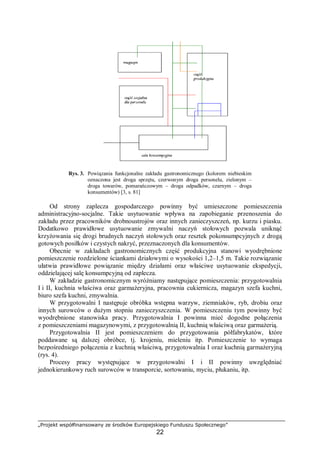 „Projekt współfinansowany ze środków Europejskiego Funduszu Społecznego”
22
Rys. 3. Powiązania funkcjonalne zakładu gastronomicznego (kolorem niebieskim
oznaczona jest droga sprzętu, czerwonym droga personelu, zielonym –
droga towarów, pomarańczowym – droga odpadków, czarnym – droga
konsumentów) [3, s. 81]
Od strony zaplecza gospodarczego powinny być umieszczone pomieszczenia
administracyjno-socjalne. Takie usytuowanie wpływa na zapobieganie przenoszenia do
zakładu przez pracowników drobnoustrojów oraz innych zanieczyszczeń, np. kurzu i piasku.
Dodatkowo prawidłowe usytuowanie zmywalni naczyń stołowych pozwala uniknąć
krzyżowania się drogi brudnych naczyń stołowych oraz resztek pokonsumpcyjnych z drogą
gotowych posiłków i czystych nakryć, przeznaczonych dla konsumentów.
Obecnie w zakładach gastronomicznych część produkcyjna stanowi wyodrębnione
pomieszczenie rozdzielone ściankami działowymi o wysokości 1,2–1,5 m. Takie rozwiązanie
ułatwia prawidłowe powiązanie między działami oraz właściwe usytuowanie ekspedycji,
oddzielającej salę konsumpcyjną od zaplecza.
W zakładzie gastronomicznym wyróżniamy następujące pomieszczenia: przygotowalnia
I i II, kuchnia właściwa oraz garmażeryjna, pracownia cukiernicza, magazyn szefa kuchni,
biuro szefa kuchni, zmywalnia.
W przygotowalni I następuje obróbka wstępna warzyw, ziemniaków, ryb, drobiu oraz
innych surowców o dużym stopniu zanieczyszczenia. W pomieszczeniu tym powinny być
wyodrębnione stanowiska pracy. Przygotowalnia I powinna mieć dogodne połączenia
z pomieszczeniami magazynowymi, z przygotowalnią II, kuchnią właściwą oraz garmażerią.
Przygotowalnia II jest pomieszczeniem do przygotowania półfabrykatów, które
poddawane są dalszej obróbce, tj. krojeniu, mieleniu itp. Pomieszczenie to wymaga
bezpośredniego połączenia z kuchnią właściwą, przygotowalnia I oraz kuchnią garmażeryjną
(rys. 4).
Procesy pracy występujące w przygotowalni I i II powinny uwzględniać
jednokierunkowy ruch surowców w transporcie, sortowaniu, myciu, płukaniu, itp.
 