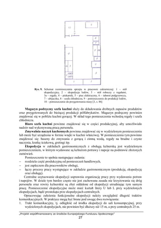 „Projekt współfinansowany ze środków Europejskiego Funduszu Społecznego”
27
Rys. 9. Schemat rozmieszczenia sprzętu w pracowni cukierniczej: 1 – stół
ekspedycyjny, 2 – ekspedycja lodów, 3 – stół roboczy z regałami,
3a – regały, 4 – piekarnik, 5 – piec elektryczny, 6 – taboret podgrzewczy,
7 – ubijaczka, 8 – szafa chłodnicza, 9 – pomieszczenie do produkcji lodów,
10 – pomieszczenie do przygotowania masy [3, s. 86]
Magazyn podręczny szefa kuchni służy do składowania drobnych zapasów produktów
oraz przygotowanych do bieżącej produkcji półfabrykatów. Magazyn podręczny powinien
znajdować się w pobliżu kuchni gorącej. W skład tego pomieszczenia wchodzą regały i szafa
chłodnicza.
Biuro szefa kuchni powinno znajdować się w części produkcyjnej, aby umożliwiało
nadzór nad wykonywaną pracą personelu.
Zmywalnia naczyń kuchennych powinna znajdować się w wydzielonym pomieszczeniu
lub może być urządzona w formie wnęki w kuchni właściwej. W pomieszczeniu tym powinno
znajdować się: baseny do zmywania z gorącą i zimną wodą, regały na brudne i czyste
naczynia, kratkę ściekową, gretingi itp.
Ekspedycja w zakładach gastronomicznych z obsługą kelnerską jest wydzielonym
pomieszczeniem, w którym wydawane są kelnerom potrawy i napoje na podstawie złożonych
zamówień.
Pomieszczenie to spełnia następujące zadania:
− rozdziela część produkcyjną od pomieszczeń handlowych,
− jest zapleczem dla pracowników obsługi,
− łączy procesy pracy występujące w zakładzie gastronomicznym (produkcję, ekspedycję
oraz obsługę).
Centralne usytuowanie ekspedycji usprawnia organizację pracy przy wydawaniu potraw
i napojów. W dziale tym bardzo często nie jest zachowana zasada nie krzyżowania się dróg
personelu oraz rewiry kelnerskie są zbyt oddalone od ekspedycji utrudniając tym samym
pracę. Pomieszczenie ekspedycyjne może mieć kształt litery U lub L przy wydzielonych
ekspedycjach, bądź prostokąta prze ekspedycjach centralnych.
Opracowując założenia funkcjonalne ekspedycji należy uwzględnić długość traktów
komunikacyjnych. W praktyce mogą być brane pod uwagę dwa rozwiązania:
1. Trakt komunikacyjny, tj. odległość od środka ekspedycji do sali konsumpcyjnej, przy
wydzielonych ekspedycjach, nie powinien być dłuższy niż 15 m, a przy centralnych 25 m.
 