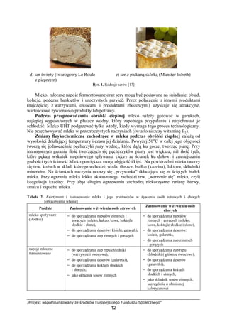 „Projekt współfinansowany ze środków Europejskiego Funduszu Społecznego”
12
d) ser świeży (twarogowy Le Roule
z pieprzem)
e) ser z płukaną skórką (Munster lisbeth)
Rys. 1. Rodzaje serów [17]
Mleko, mleczne napoje fermentowane oraz sery mogą być podawane na śniadanie, obiad,
kolację, podczas bankietów i uroczystych przyjęć. Przez połączenie z innymi produktami
(najczęściej z warzywami, owocami i produktami zbożowymi) uzyskuje się atrakcyjne,
wartościowe żywieniowo produkty lub potrawy.
Podczas przeprowadzania obróbki cieplnej mleko należy gotować w garnkach,
najlepiej wyposażonych w płaszcz wodny, który zapobiega przypalaniu i natychmiast je
schłodzić. Mleko UHT podgrzewać tylko wtedy, kiedy wymaga tego proces technologiczny.
Nie przechowywać mleka w przezroczystych naczyniach (światło niszczy witaminę B2).
Zmiany fizykochemiczne zachodzące w mleku podczas obróbki cieplnej zależą od
wysokości działającej temperatury i czasu jej działania. Powyżej 50°C w całej jego objętości
tworzą się jednocześnie pęcherzyki pary wodnej, które dążą ku górze, tworząc pianę. Przy
intensywnym grzaniu ilość tworzących się pęcherzyków piany jest większa, niż ilość tych,
które pękają wskutek stopniowego spływania cieczy ze ścianek ku dołowi i zmniejszaniu
grubości tych ścianek. Mleko powiększa swoją objętość i kipi. Na powierzchni mleka tworzy
się tzw. kożuch w skład, którego wchodzi: woda, tłuszcz, białko (kazeina), laktoza, składniki
mineralne. Na ściankach naczynia tworzy się „przywarka” składająca się ze ściętych białek
mleka. Przy ogrzaniu mleka lekko ukwaszonego zachodzi tzw. „warzenie się” mleka, czyli
koagulacja kazeiny. Przy zbyt długim ogrzewaniu zachodzą niekorzystne zmiany barwy,
smaku i zapachu mleka.
Tabela 2. Asortyment i zastosowanie mleka i jego przetworów w żywieniu osób zdrowych i chorych
[opracowanie własne]
Produkt Zastosowanie w żywieniu osób zdrowych
Zastosowanie w żywieniu osób
chorych
mleko spożywcze
(słodkie)
− do sporządzania napojów zimnych i
gorących (mleko, kakao, kawa, koktajle
słodkie i słone),
− do sporządzania deserów: kisiele, galaretki,
− do sporządzania zup zimnych i gorących
− do sporządzania napojów
zimnych i gorących (mleko,
kawa, koktajle słodkie i słone),
− do sporządzania deserów:
kisiele, galaretki,
− do sporządzania zup zimnych
i gorących
napoje mleczne
fermentowane
− do sporządzania zup typu chłodniki
(warzywne i owocowe),
− do sporządzania deserów (galaretki),
− do sporządzania koktajli słodkich
i słonych,
− jako składnik sosów zimnych
− do sporządzania zup typu
chłodniki ( głównie owocowe),
− do sporządzania deserów
(galaretki),
− do sporządzania koktajli
słodkich i słonych,
− jako składnik sosów zimnych,
szczególnie o obniżonej
kaloryczności
 