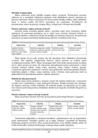 „Projekt współfinansowany ze środków Europejskiego Funduszu Społecznego”
21
Obróbka wstępna mięsa
Mięso zamrożone przed obróbką wstępną należy rozmrozić. Rozmrażanie powinno
odbywać się w warunkach chłodzenia (mniejsze straty składników), powoli, odwrotnie do
procesu zamrażania. Mięso rozmrożone lub świeże przed obróbką cieplną, należy dokładnie
umyć w letniej wodzie (25–30°C), pozostawić do ocieknięcia. W zależności od
przeznaczenia, usuwa się powięzi, ścięgna, błony, trybuje kości i formuje duże kawałki.
Potrawy gotowane z mięsa zwierząt rzeźnych
Gotować można wszystkie gatunki mięsa i wszystkie części tuszy zwierzęcia. Jednak
najczęściej do gotowania przeznacza się te części tuszy zwierząt rzeźnych, których ze
względu na budowę i właściwości tkanek nie poddaje się smażeniu i pieczeniu. Do gotowania
przeznacza się mięso przerośnięte tkanką łączną, głównie z przedniej części tuszy.
Tabela 11. Elementy gastronomiczne stosowane do przygotowania potraw gotowanych [opracowanie własne]
wieprzowina wołowina cielęcina baranina
golonka, boczek,
żeberka, karkówka,
głowizna, ucho, nóżki,
ogon, łopatka
krzyżowa, pręga, łata, rostbef,
karkówka, rozbratel, szponder,
mostek, antrykot, łopatka
karkówka, goleń,
mostek, łata, szyja
karkówka, mostek,
antrykot, goleń
Mięso gotuje się od wody wrzącej, aby jak największa ilość składników pozostawała
w mięsie. Aby zapobiec emulgowaniu tłuszczu, należy gotować na wolnym ogniu
w temperaturze poniżej 100°C. Mięso zawierające duże ilości tkanki łącznej gotuje się dłużej
niż to, które zawiera jej mniej. Do najczęściej sporządzanych potraw gotowanych z mięsa
zwierząt rzeźnych należą: sztuka mięsa, potrawka, mięso cielęce, wołowe, jagnięce
i wieprzowe ugotowane i podawane w sosach, mięsa peklowane i gotowane (golonka, boczek,
karkówka), pulpety i rolady z masy mielonej, rosoły i buliony, mięsa gotowane, które są
półproduktem do sporządzania nadzień, zakąsek, pasztetów.
Dodatki do mięs gotowanych
Sztukę mięsa można podawać z różnymi sosami lub masłem smakowym i warzywami
z rosołu oraz z ziemniakami z wody, drążonymi lub puree. Dodatki powinny być ostrzejsze,
np. kapusta czerwona, ćwikła, brukselka. Do potrawki podaje się najczęściej ryż na sypko
oraz warzywa pod różną postacią. Dodatkiem skrobiowym mogą być ziemniaki lub groch czy
soczewica.
Potrawy duszone z mięsa zwierząt rzeźnych
Mięso na potrawy duszone może być gorszej jakości przerośnięte błonami i ścięgnami.
Tabela 12. Elementy gastronomiczne stosowane do przygotowania potraw duszonych [opracowanie własne]
wieprzowina wołowina cielęcina baranina
karkówka, schab,
biodrówka, łopatka,
żeberka, szynka,
mostek, rozbratel,
antrykot, łopatka, pręga,
zrazowa, łata, krzyżowa,
skrzydło, karkówka,
rostbef
łopatka, górka, łata,
mostek, nerkówka,
karkówka, udziec
górka, antrykot, comber,
udziec, mostek, łopatka
Uformowane półprodukty w drobnych kawałkach i jednoporcjowe soli się bezpośrednio
przed obsmażaniem. Następnie oprósza się je mąką, obsmaża i przekłada do brytfanny
podlewając gorącym wywarem. Dusi się pod przykryciem. Czas obróbki cieplnej zależy od
wielkości kawałka i elementu kulinarnego, z którego mięso zostało wykrojone.
 