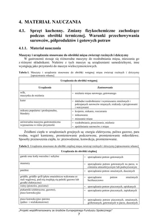 „Projekt współfinansowany ze środków Europejskiego Funduszu Społecznego”
7
4. MATERIAŁ NAUCZANIA
4.1. Sprzęt kuchenny. Zmiany fizykochemiczne zachodzące
podczas obróbki termicznej. Warunki przechowywania
surowców, półproduktów i gotowych potraw
4.1.1. Materiał nauczania
Maszyny i urządzenia stosowane do obróbki mięsa zwierząt rzeźnych i dziczyzny
W gastronomii stosuje się różnorodne maszyny do rozdrabniania mięsa, mieszania go
z różnymi składnikami. Niektóre z tych maszyn są urządzeniami samodzielnymi, inne
występują jako przystawki do maszyn wieloczynnościowych.
Tabela 1. Maszyny i urządzenia stosowane do obróbki wstępnej mięsa zwierząt rzeźnych i dziczyzny
[opracowanie własne]
Urządzenia do obróbki wstępnej
Urządzenie Zastosowanie
wilk,
maszynka do mielenia
− mielenie mięsa surowego, gotowanego
kuter − dokładne rozdrobnienie i wymieszanie zmielonych i
pokrajanych surowców mięsnych, niekiedy z przyprawami
i warzywami
miksery popularne i profesjonalne,
blendery
− krojenie, siekanie, rozcieranie
− miksowanie
− mieszanie mięsa
uniwersalna maszyna gastronomiczna
wyposażona w różne przystawki
− rozdrabnianie, przecieranie, mielenie
− spulchnianie surowców z mięsa
Źródłami ciepła w urządzeniach grzejnych są: energia elektryczna, paliwa gazowe, para
wodna, węgiel kamienny, promieniowanie podczerwone, promieniowanie mikrofalowe.
Sposoby przenoszenia ciepła, to: przewodzenie, konwekcja, promieniowanie.
Tabela 2. Urządzenia stosowane do obróbki cieplnej mięsa zwierząt rzeźnych i dziczyzny [opracowanie własne]
Urządzenia do obróbki cieplnej
garnki oraz kotły warzelne i uchylne − sporządzanie potraw gotowanych
steamery − sporządzanie potraw gotowanych na parze, w
ciśnieniu atmosferycznym lub podwyższonym
patelnie − sporządzanie potraw smażonych, duszonych
griddle, griddle–grill (płyta smażalnicza wykonana ze
stali węglowej, pod nią znajdują się palniki gazowe lub
grzałki elektryczne)
− sporządzanie potraw smażonych
beztłuszczowo
rożny (pionowe, poziome) − sporządzanie potraw pieczonych, opiekanych
piekarniki (elektryczne, gazowe),
piece konwekcyjne
− sporządzanie potraw pieczonych, zapiekanych
piece konwekcyjno–parowe
(jedno– i wielokomorowe)
− sporządzanie potraw pieczonych, smażonych,
grillowanych, gotowanych w parze, duszonych
 