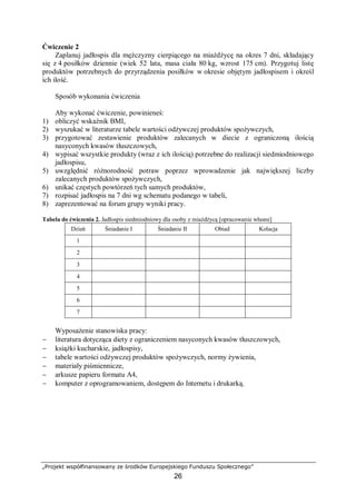 „Projekt współfinansowany ze środków Europejskiego Funduszu Społecznego”
26
Ćwiczenie 2
Zaplanuj jadłospis dla mężczyzny cierpiącego na miażdżycę na okres 7 dni, składający
się z 4 posiłków dziennie (wiek 52 lata, masa ciała 80 kg, wzrost 175 cm). Przygotuj listę
produktów potrzebnych do przyrządzenia posiłków w okresie objętym jadłospisem i określ
ich ilość.
Sposób wykonania ćwiczenia
Aby wykonać ćwiczenie, powinieneś:
1) obliczyć wskaźnik BMI,
2) wyszukać w literaturze tabele wartości odżywczej produktów spożywczych,
3) przygotować zestawienie produktów zalecanych w diecie z ograniczoną ilością
nasyconych kwasów tłuszczowych,
4) wypisać wszystkie produkty (wraz z ich ilością) potrzebne do realizacji siedmiodniowego
jadłospisu,
5) uwzględnić różnorodność potraw poprzez wprowadzenie jak największej liczby
zalecanych produktów spożywczych,
6) unikać częstych powtórzeń tych samych produktów,
7) rozpisać jadłospis na 7 dni wg schematu podanego w tabeli,
8) zaprezentować na forum grupy wyniki pracy.
Tabela do ćwiczenia 2. Jadłospis siedmiodniowy dla osoby z miażdżycą [opracowanie własne]
Dzień Śniadanie I Śniadanie II Obiad Kolacja
1
2
3
4
5
6
7
Wyposażenie stanowiska pracy:
− literatura dotycząca diety z ograniczeniem nasyconych kwasów tłuszczowych,
− książki kucharskie, jadłospisy,
− tabele wartości odżywczej produktów spożywczych, normy żywienia,
− materiały piśmiennicze,
− arkusze papieru formatu A4,
− komputer z oprogramowaniem, dostępem do Internetu i drukarką.
 