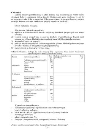 „Projekt współfinansowany ze środków Europejskiego Funduszu Społecznego”
27
Ćwiczenie 3
Dokonaj zmian w przedstawionej w tabeli dziennej racji pokarmowej do potrzeb osoby
stosującej dietę z ograniczoną ilością kwasów tłuszczowych, przy założeniu, że jest to
mężczyzna w wieku 40 lat, o masie ciała 95 kg, umiarkowanej aktywności fizycznej, mający
nadwagę, któremu zaleca się zwiększenie spożycia błonnika w posiłkach.
Sposób wykonania ćwiczenia
Aby wykonać ćwiczenie, powinieneś:
1) wyszukać w literaturze tabele wartości odżywczej produktów spożywczych oraz normy
żywienia,
2) obliczyć wartość energetyczną i odżywczą posiłków w przedstawionej dziennej racji
pokarmowej (główne składniki pokarmowe) oraz zawartość błonnika pokarmowego,
3) wprowadzić konieczne poprawki,
4) obliczyć wartość energetyczną i odżywczą posiłków (główne składniki pokarmowe) oraz
zawartość błonnika w zmodyfikowanej racji pokarmowej,
5) zaprezentować na forum grupy wyniki pracy.
Tabela do ćwiczenia 3. Jadłospis dla osoby stosującej dietę z ograniczoną ilością kwasów tłuszczowych
i zwiększoną ilością błonnika [opracowanie własne]
Posiłek Jadłospis nieprawidłowy
Ilość
(g)
Jadłospis zmodyfikowany
prawidłowy
Ilość
(g)
I Śniadanie
Płatki kukurydziane z mlekiem 2%
Pieczywo białe
Masło
Szynka
Papryka świeża
Dżem
Kawa czarna
250
120
8
60
60
II Śniadanie -
Obiad
Kapuśniak z ziemniakami
Kotlet schabowy
Ziemniaki
Mizeria
Koktajl owocowy na maślance
250
120
300
80
200
Podwieczorek -
Kolacja
Sałatka jarzynowa z kurczakiem i
majonezem
Pieczywo mieszane
Masło roślinne
Ser topiony
Jabłko
Herbata
200
100
8
25
80
Wyposażenie stanowiska pracy:
− literatura dotycząca diety z ograniczeniem kwasów tłuszczowych,
− książki kucharskie, jadłospisy,
− tabele wartości odżywczej produktów spożywczych, normy żywienia,
− materiały piśmiennicze,
− arkusze papieru formatu A4,
− komputer z oprogramowaniem, dostępem do Internetu i drukarką.
 