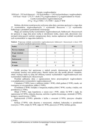 „Projekt współfinansowany ze środków Europejskiego Funduszu Społecznego”
35
Energia z węglowodanów:
1850 kcal – 555 kcal (tłuszcze) – 192 kcal (białko) = 1103 kcal pochodzące z węglowodanów
1103 kcal / 4 kcal = 275,75 = około 275 g węglowodanów (1 g węglowodanów to 4 kcal)
Liczba wymienników węglowodanowych:
275 g / 10 g (1 WW) = 27,5 WW = około 27 WW
Kobieta, dla której został powyżej wyliczony plan diety, powinna spożywać w ciągu dnia
27 wymienników węglowodanowych, 3 wymienniki tłuszczowe i 2,5 wymiennika
białkowego z produktów pochodzenia zwierzęcego.
Mając już ustaloną liczbę wymienników węglowodanowych, białkowych i tłuszczowych
do spożycia w ciągu dnia przez osobę w określonym wieku, masie ciała, aktywności oraz
normach dotyczących wartości energetycznej diety, można zaplanować rozkład wszystkich
tych wymienników w ciągu dnia (tabela 6).
Tabela 6. Propozycja rozkładu wymienników węglowodanowych, białkowych i tłuszczowych w diecie 1850
kcal przy 5 posiłkach [opracowanie własne].
Posiłek WW WBz WT
Pierwsze śniadanie 7 1 0,5
Drugie śniadanie 3 0,5 0,5
Obiad 7 1 1
Podwieczorek 3 – –
Kolacja 7 0, 5 0,5
W sumie 27 3 2,5
Posiłki powinny być spożywane o stałych porach, dostosowane do podawanych
wstrzyknięć insuliny oraz godzin pracy. Bardzo istotne jest, aby posiłki główne: śniadanie,
obiad i kolacja miały tę samą lub zbliżoną wartość wymienników węglowodanowych oraz
wymienników białkowych i tłuszczowych.
Przykład jadłospisu diety z ograniczeniem łatwo przyswajalnych węglowodanów
z uwzględnieniem wymienników węglowodanowych:
I śniadanie (7 WW): kawa z mlekiem (mleko 1 WW), chleb graham (5 WW), masło, ser
twarogowy ze szczypiorkiem, jabłko (1 WW);
II śniadanie (3 WW): kanapka z margaryną miękką (chleb 2 WW); szynką z indyka, sok
pomidorowy (1 WW);
Obiad (7 WW): zupa koperkowa z ryżem (ryż 1 WW, mleko 0,5 WW i mąka do
zaprawienia 0,5 WW), cielęcina duszona, surówka z ogórka kwaszonego, ziemniaki (4 WW),
kompot z moreli (owoce 1 WW);
Podwieczorek (3 WW): galaretka z kefiru z owocami (1 WW), pieczywo chrupkie
(2 WW);
Kolacja (7 WW): ryba duszona z warzywami, otrębami, kukurydzą w pomidorach
(warzywa 1 WW, otręby 0,5 WW, mąka 0,5 WW), pieczywo (5 WW), herbata gorzka.
 