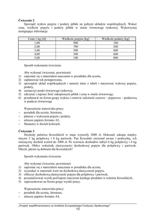 „Projekt współfinansowany ze środków Europejskiego Funduszu Społecznego”
13
Ćwiczenie 2
Sporządź wykres popytu i podaży jabłek na jednym układzie współrzędnych. Wskaż
cenę, wielkość popytu i podaży jabłek w stanie równowagi rynkowej. Wykorzystaj
następujące informacje:
Cena 1 kg [zł] Wielkość popytu [kg] Wielkość podaży [kg]
1,00 900 100
2,00 700 200
3,00 500 400
4,00 300 600
5,00 100 800
Sposób wykonania ćwiczenia
Aby wykonać ćwiczenie, powinieneś:
1) zapoznać się z materiałem nauczania w poradniku dla ucznia,
2) zaplanować tok postępowania,
3) sporządzić układ współrzędnych i nanieść dane z tabeli i narysować wykresy popytu,
podaży,
4) zaznaczyć punkt równowagi rynkowej,
5) odczytać i zapisać ilość zakupionych jabłek i cenę w stanie równowagi,
6) przedstawić na forum grupy wykres i omówić zależność cenowo – popytowo – podażową
w punkcie równowagi.
Wyposażenie stanowiska pracy:
− poradnik dla ucznia, literatura,
− plansze z wykresem popytu i podaży,
− arkusze papieru formatu A3,
− flamastry w dwóch kolorach.
Ćwiczenie 3
Dochody państwa Kowalskich w maju wynosiły 2000 zł. Dokonali zakupu między
innymi 2 kg polędwicy i 8 kg parówek. Pan Kowalski otrzymał awans i podwyżkę, ich
miesięczny dochód wzrósł do 3000 zł. Po wzroście dochodów nabyli 6 kg polędwicy i 4 kg
parówek. Oblicz wskaźnik elastyczności dochodowej popytu dla polędwicy i parówek.
Określ, jakimi są dobrami dla Kowalskich?
Sposób wykonania ćwiczenia
Aby wykonać ćwiczenie, powinieneś:
1) zapoznać się z materiałem nauczania w poradniku dla ucznia,
2) wyszukać w materiale wzór na dochodową elastyczność popytu,
3) obliczyć dochodową elastyczność popytu dla polędwicy i parówek,
4) przeanalizować wynik pod kątem znaczenia każdego produktu w rodzinie Kowalskich,
5) zaprezentować na forum grupy wyniki pracy.
Wyposażenie stanowiska pracy:
− poradnik dla ucznia, literatura,
− arkusze papieru formatu A4,
 