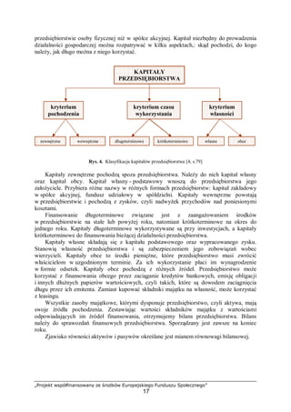 „Projekt współfinansowany ze środków Europejskiego Funduszu Społecznego”
17
przedsiębiorstwie osoby fizycznej niż w spółce akcyjnej. Kapitał niezbędny do prowadzenia
działalności gospodarczej można rozpatrywać w kilku aspektach,: skąd pochodzi, do kogo
należy, jak długo można z niego korzystać.
Rys. 4. Klasyfikacja kapitałów przedsiębiorstwa [4, s.79]
Kapitały zewnętrzne pochodzą spoza przedsiębiorstwa. Należy do nich kapitał własny
oraz kapitał obcy. Kapitał własny - podstawowy wnoszą do przedsiębiorstwa jego
założyciele. Przybiera różne nazwy w różnych formach przedsiębiorstw: kapitał zakładowy
w spółce akcyjnej, fundusz udziałowy w spółdzielni. Kapitały wewnętrzne powstają
w przedsiębiorstwie i pochodzą z zysków, czyli nadwyżek przychodów nad poniesionymi
kosztami.
Finansowanie długoterminowe związane jest z zaangażowaniem środków
w przedsiębiorstwie na stałe lub powyżej roku, natomiast krótkoterminowe na okres do
jednego roku. Kapitały długoterminowe wykorzystywane są przy inwestycjach, a kapitały
krótkoterminowe do finansowania bieżącej działalności przedsiębiorstwa.
Kapitały własne składają się z kapitału podstawowego oraz wypracowanego zysku.
Stanowią własność przedsiębiorstwa i są zabezpieczeniem jego zobowiązań wobec
wierzycieli. Kapitały obce to środki pieniężne, które przedsiębiorstwo musi zwrócić
właścicielom w uzgodnionym terminie. Za ich wykorzystanie płaci im wynagrodzenie
w formie odsetek. Kapitały obce pochodzą z różnych źródeł. Przedsiębiorstwo może
korzystać z finansowania obcego przez zaciąganie kredytów bankowych, emisję obligacji
i innych dłużnych papierów wartościowych, czyli takich, które są dowodem zaciągnięcia
długu przez ich emitenta. Zamiast kupować składniki majątku na własność, może korzystać
z leasingu.
Wszystkie zasoby majątkowe, którymi dysponuje przedsiębiorstwo, czyli aktywa, mają
swoje źródła pochodzenia. Zestawiając wartości składników majątku z wartościami
odpowiadających im źródeł finansowania, otrzymujemy bilans przedsiębiorstwa. Bilans
należy do sprawozdań finansowych przedsiębiorstwa. Sporządzany jest zawsze na koniec
roku.
Zjawisko równości aktywów i pasywów określane jest mianem równowagi bilansowej.
kryterium
pochodzenia
kryterium
własności
kryterium czasu
wykorzystania
zewnętrzne wewnętrzne długoterminowe krótkoterminowe własne obce
KAPITAŁY
PRZEDSIĘBIORSTWA
 