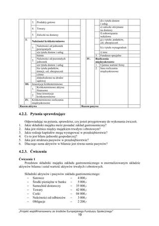 „Projekt współfinansowany ze środków Europejskiego Funduszu Społecznego”
19
3. Produkty gotowe
d) z tytułu dostaw
i usług
4. Towary
e) zaliczki otrzymane
na dostawy
5. Zaliczki na dostawy
f) zobowiązania
wekslowe
Należności krótkoterminowe
g) z tytułu: podatków,
ceł, ubezpieczeń
1.
Należności od jednostek
powiązanych
h) z tytułu wynagrodzeń
a)z tytułu dostaw i usług i) inne
b)inne 3. Fundusze specjalne
2.
Należności od pozostałych
jednostek
Rozliczenia
międzyokresowe
a)z tytułu dostaw i usług 1. Ujemna wartość firmy
b)z tytułu podatków,
dotacji, ceł, ubezpieczeń
c)inne
II.
d)dochodzone na drodze
sądowej
Inwestycje krótkoterminowe
1.
Krótkoterminowe aktywa
finansowe
III.
2.
Inne inwestycje
krótkoterminowe
IV. Krótkoterminowe rozliczenia
międzyokresowe
IV.
2. Inne rozliczenia
międzyokresowe
Razem aktywa Razem pasywa
4.2.2. Pytania sprawdzające
Odpowiadając na pytania, sprawdzisz, czy jesteś przygotowany do wykonania ćwiczeń.
1. Jakie składniki majątku może posiadać zakład gastronomiczny?
2. Jaka jest różnica między majątkiem trwałym i obrotowym?
3. Jakie rodzaje kapitałów mogą występować w przedsiębiorstwie?
4. Co to jest bilans jednostki gospodarczej?
5. Jaka jest struktura pasywów w przedsiębiorstwie?
6. Dlaczego suma aktywów w bilansie jest równa sumie pasywów?
4.2.3. Ćwiczenia
Ćwiczenie 1
Przedstaw składniki majątku zakładu gastronomicznego w znormalizowanym układzie
aktywów bilansu i ustal wartość aktywów trwałych i obrotowych.
Składniki aktywów i pasywów zakładu gastronomicznego:
− Surowce − 4 000,-
− Środki pieniężne w banku − 5 000,-
− Samochód dostawczy − 35 000,-
− Towary − 42 000,-
− Czeki − 04 000,-
− Należności od odbiorców − 3 000,-
− Obligacje − 2 200,-
 
