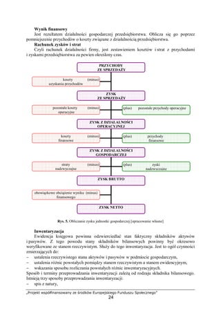 „Projekt współfinansowany ze środków Europejskiego Funduszu Społecznego”
24
Wynik finansowy
Jest rezultatem działalności gospodarczej przedsiębiorstwa. Oblicza się go poprzez
pomniejszenie przychodów o koszty związane z działalnością przedsiębiorstwa.
Rachunek zysków i strat
Czyli rachunek działalności firmy, jest zestawieniem kosztów i strat z przychodami
i zyskami przedsiębiorstwa za pewien określony czas.
Rys. 5. Obliczanie zysku jednostki gospodarczej [opracowanie własne]
Inwentaryzacja
Ewidencja księgowa powinna odzwierciedlać stan faktyczny składników aktywów
i pasywów. Z tego powodu stany składników bilansowych powinny być okresowo
weryfikowane ze stanem rzeczywistym. Służy do tego inwentaryzacja. Jest to ogół czynności
zmierzających do:
− ustalenia rzeczywistego stanu aktywów i pasywów w podmiocie gospodarczym,
− ustalenia różnic powstałych pomiędzy stanem rzeczywistym a stanem ewidencyjnym,
− wskazania sposobu rozliczania powstałych różnic inwentaryzacyjnych.
Sposób i terminy przeprowadzania inwentaryzacji zależą od rodzaju składnika bilansowego.
Istnieją trzy sposoby przeprowadzania inwentaryzacji:
− spis z natury,
PRZYCHODY
ZE SPRZEDAŻY
ZYSK
ZE SPRZEDAŻY
ZYSK Z DZIAŁALNOŚCI
OPERACYJNEJ
pozostałe koszty (minus)
operacyjne
(plus) pozostałe przychody operacyjne
koszty (minus)
finansowe
(plus) przychody
finansowe
ZYSK Z DZIAŁALNOŚCI
GOSPODARCZEJ
straty (minus)
nadzwyczajne
(plus) zyski
nadzwyczajne
ZYSK BRUTTO
ZYSK NETTO
koszty (minus)
uzyskania przychodów
obowiązkowe obciążenie wyniku (minus)
finansowego
 