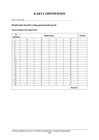 „Projekt współfinansowany ze środków Europejskiego Funduszu Społecznego”
61
KARTA ODPOWIEDZI
Imię i nazwisko ……...............……………………………………………….
Rozliczanie kosztów usług gastronomicznych
Zakreśl poprawną odpowiedź.
Nr
zadania
Odpowiedź Punkty
1. a b c d
2. a b c d
3. a b c d
4. a b c d
5. a b c d
6. a b c d
7. a b c d
8. a b c d
9. a b c d
10. a b c d
11. a b c d
12. a b c d
13. a b c d
14. a b c d
15. a b c d
16. a b c d
17. a b c d
18. a b c d
19. a b c d
20. a b c d
Razem:
 