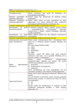 „Projekt współfinansowany ze środków Europejskiego Funduszu Społecznego”
9
Tabela 1. Zasady budowy kwestionariusza [12, s. 67].
ZASADY ODNOSZĄCE SIĘ DO TREŚCI PYTAŃ
Niezbędność pytań Należy ograniczać ilość pytań do niezbędnej, tzn.
wyczerpującej temat badań.
Zdolność respondenta do
udzielania odpowiedzi
Pytania muszą być dopasowane do poziomu wiedzy
respondenta.
Skłonność respondenta do
udzielania odpowiedzi
Należy unikać pytań, na które respondenci nie chcą
odpowiadać, tzw. pytań drażliwych (zbyt osobistych,
poruszających problem tajemnicy zawodowej, itp.).
ZASADY ODNOSZĄCE SIĘ DO KOLEJNOŚCI ZADAWANIA PYTAŃ
Przechodzenie od pytań
łatwych do trudnych
W pierwszej kolejności należy zadawać pytania krótkie
i nieskomplikowane, niewymagające dłuższego
zastanowienia, w drugiej - pytania wymagające większego
wysiłku respondenta.
Przechodzenie od pytań
ogólnych do szczegółowych
Należy zadawać pytania tak, aby stopniowo wyczerpywać
temat badania.
ZASADY ODNOSZĄCE SIĘ DO SPOSOBU FORMUŁOWANIA PYTAŃ
Jednoznaczność stosowanych
pojęć i sformułowań
Należy unikać wieloznacznych słów i sformułowań, które
mogą być w odmienny sposób rozumiane. Błędnym jest
pytanie:
Jak często kupuje Pani/Pan masło?
a) często
b) rzadko
c) okazjonalnie
d) nigdy
Określenie „często” dla jednej osoby może oznaczać
codziennie, a dla innej - raz w tygodniu. Podobnie jest ze
słowami „rzadko” i ”okazjonalnie”.
Dobór odpowiedniego
słownictwa
Należy unikać słownictwa obcojęzycznego
i specjalistycznego. Błędnym jest pytanie: Jak ocenia
Pani/Pan merchandising w naszym sklepie?
a) pozytywnie
b) ani pozytywnie, ani negatywnie
c) negatywnie
Słowo merchandising dla wielu respondentów jest nie
zrozumiałe, nie będą w stanie udzielić rzetelnej odpowiedzi.
Sugestywność pytań
Należy unikać pytań sugerujących odpowiedź. Błędnym jest
pytanie:
Czy jest Pani/Pan zwolenniczką zakazu używania pieluszek
jednorazowych wiedząc, że stanowią one tylko 2% śmieci
na wysypiskach?
a) tak
b) nie
Pytanie zostało tak sformułowane, że wskazuje na małą
szkodliwość ekologiczną produktu, a zatem sugeruje
odpowiedź „nie”.
 