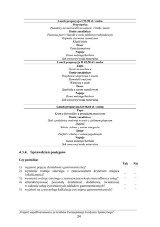 „Projekt współfinansowany ze środków Europejskiego Funduszu Społecznego”
24
Lunch propozycja I 52,90 zł / osoba
Przystawka
Pomidory na mozzarelli na sałacie, 2 bułki, masło
Danie zasadnicze
Pieczona pierś z kaczki w sosie jabłkowo-rodzynkowym
Kapusta czerwona zasmażana
Kluski białe
Deser
Tarta karmelowa
Napoje
Kawa melange/herbata
Sok owocowy/woda mineralna
Lunch propozycja II 45,50 zł / osoba
Zupa
Żurek na maślance
Danie zasadnicze
Polędwica wieprzowa z sosem
Ziemniaki smażone
Warzywa z wody
Deser
Szarlotka z sosem waniliowym
Napoje
Kawa melange/herbata
Sok owocowy/woda mineralna
Lunch propozycja III 58,60 zł / osoba
Zupa
Krem z borowików z groszkiem ptysiowym
Danie zasadnicze
Stek z polędwicy wołowej w sosie z zielonym pieprzem
Dufinki
Sałata zielona z sosem vinegrette
Deser
Parfait z chałwy z sosem jagodowym
Napoje
Kawa melange/herbata
Sok owocowy/woda mineralna
4.3.4. Sprawdzian postępów
Czy potrafisz:
Tak Nie
1) wyjaśnić pojęcie działalności gastronomicznej? ¨ ¨
2) wymienić rodzaje cateringu z zastosowaniem kryterium miejsca
i okoliczności? ¨ ¨
3) wymienić rodzaje cateringu z zastosowaniem kryterium odbiorcy usług? ¨ ¨
4) scharakteryzować pozostałą działalność dodatkową świadczoną
w zakresie usług żywieniowych zakładów gastronomicznych? ¨ ¨
5) wyjaśnić na czym polega kalkulacja cen imprez gastronomicznych? ¨ ¨
 