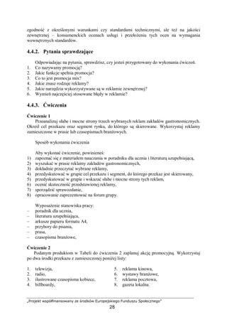 „Projekt współfinansowany ze środków Europejskiego Funduszu Społecznego”
28
zgodność z określonymi warunkami czy standardami technicznymi, ale też na jakości
zewnętrznej – konsumenckich ocenach usługi i przełożeniu tych ocen na wymagania
wewnętrznych standardów.
4.4.2. Pytania sprawdzające
Odpowiadając na pytania, sprawdzisz, czy jesteś przygotowany do wykonania ćwiczeń.
1. Co nazywamy promocją?
2. Jakie funkcje spełnia promocja?
3. Co to jest promocja mix?
4. Jakie znasz rodzaje reklamy?
5. Jakie narzędzia wykorzystywane są w reklamie zewnętrznej?
6. Wymień najczęściej stosowane błędy w reklamie?
4.4.3. Ćwiczenia
Ćwiczenie 1
Przeanalizuj słabe i mocne strony trzech wybranych reklam zakładów gastronomicznych.
Określ cel przekazu oraz segment rynku, do którego są skierowane. Wykorzystaj reklamy
zamieszczone w prasie lub czasopismach branżowych.
Sposób wykonania ćwiczenia
Aby wykonać ćwiczenie, powinieneś:
1) zapoznać się z materiałem nauczania w poradniku dla ucznia i literaturą uzupełniającą,
2) wyszukać w prasie reklamy zakładów gastronomicznych,
3) dokładnie przeczytać wybrane reklamy,
4) przedyskutować w grupie cel przekazu i segment, do którego przekaz jest skierowany,
5) przedyskutować w grupie i wskazać słabe i mocne strony tych reklam,
6) ocenić skuteczność przedstawionej reklamy,
7) sporządzić sprawozdanie,
8) opracowanie zaprezentować na forum grupy.
Wyposażenie stanowiska pracy:
– poradnik dla ucznia,
– literatura uzupełniająca,
– arkusze papieru formatu A4,
– przybory do pisania,
– prasa,
– czasopisma branżowe,
Ćwiczenie 2
Podanym produktom w Tabeli do ćwiczenia 2 zaplanuj akcję promocyjną. Wykorzystaj
po dwa środki przekazu z zamieszczonej poniżej listy:
1. telewizja,
2. radio,
3. ilustrowane czasopisma kobiece,
4. billboardy,
5. reklama kinowa,
6. wystawy branżowe,
7. reklama pocztowa,
8. gazeta lokalna.
 