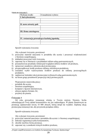 „Projekt współfinansowany ze środków Europejskiego Funduszu Społecznego”
29
Tabela do ćwiczenia 2.
Wybrane środki Uzasadnienie wyboru
I. bal sylwestrowy
II. nowo otwarty pub
III. firma cateringowa
IV. restauracja prowadząca kuchnię japońską
Sposób wykonania ćwiczenia
Aby wykonać ćwiczenie, powinieneś:
1) przeczytać materiał nauczania w poradniku dla ucznia i poszerzyć wiadomościami
z literatury uzupełniającej,
2) dokładnie przeczytać treść ćwiczenia,
3) zapoznać się w Internecie z przykładami reklam usług gastronomicznych,
4) przeanalizować przykłady reklam pod względem doboru środków ich przekazu,
5) opracować zasadnicze założenia akcji promocyjnej,
6) przyporządkować środki przekazu reklamy określonym produktom,
7) uzasadnić wybór wykorzystania środków przekazu do reklamy poszczególnych
produktów,
8) zaplanować kalendarz akcji promocyjnej wybranych usług gastronomicznych,
9) na forum grupy przedstawić propozycje akcji promocyjnych.
Wyposażenie stanowiska pracy:
– poradnik dla ucznia,
– literatura uzupełniająca,
– komputer z łączem internetowym,
– arkusze papieru formatu A4,
– przybory do pisania.
Ćwiczenie 3
Od roku prowadzisz restaurację włoską w Twoim mieście. Niestety, liczba
odwiedzających Twój zakład konsumentów nie jest zadawalająca. W planie finansowym na
promocję zaplanowałeś kwotę 18 000 złotych, której dotąd nie wydałeś. Zaplanuj akcję
promocyjną restauracji tak, aby przyniosła pożądane efekty.
Sposób wykonania ćwiczenia
Aby wykonać ćwiczenie, powinieneś:
1) przeczytać materiał nauczania z poradnika dla ucznia i z literatury uzupełniającej,
2) dokonać segmentacji rynku konsumentów,
3) określić możliwe formy promocji,
4) zapoznać się z cennikami różnych środków przekazu,
 